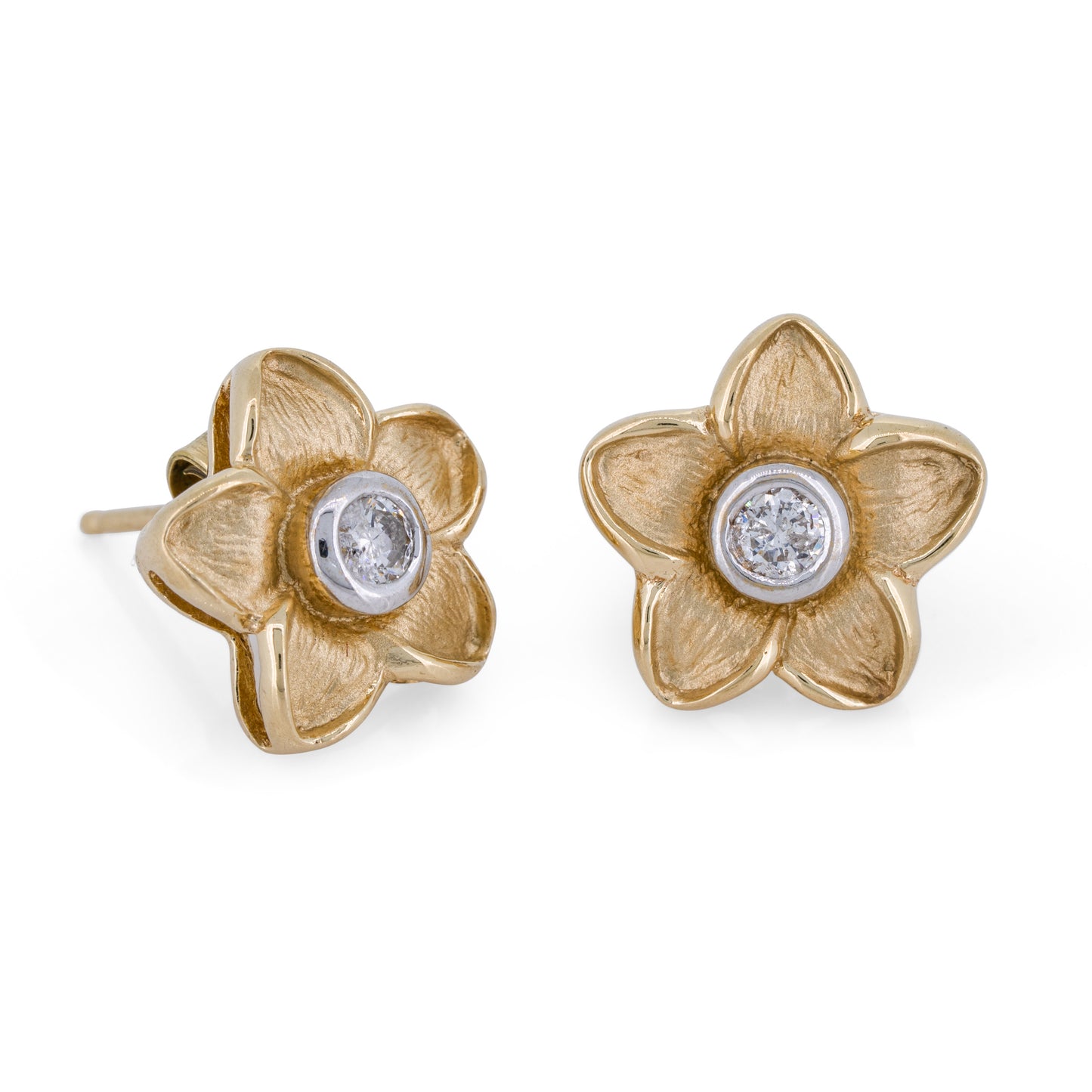 Textured Plumeria Flower Diamond Stud Earrings in 14k Gold