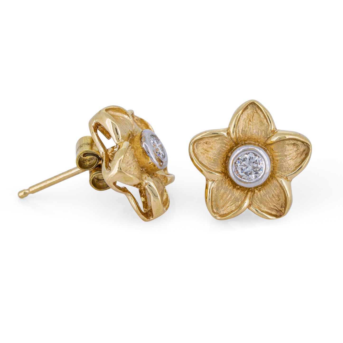 Textured Plumeria Flower Diamond Stud Earrings in 14k Gold