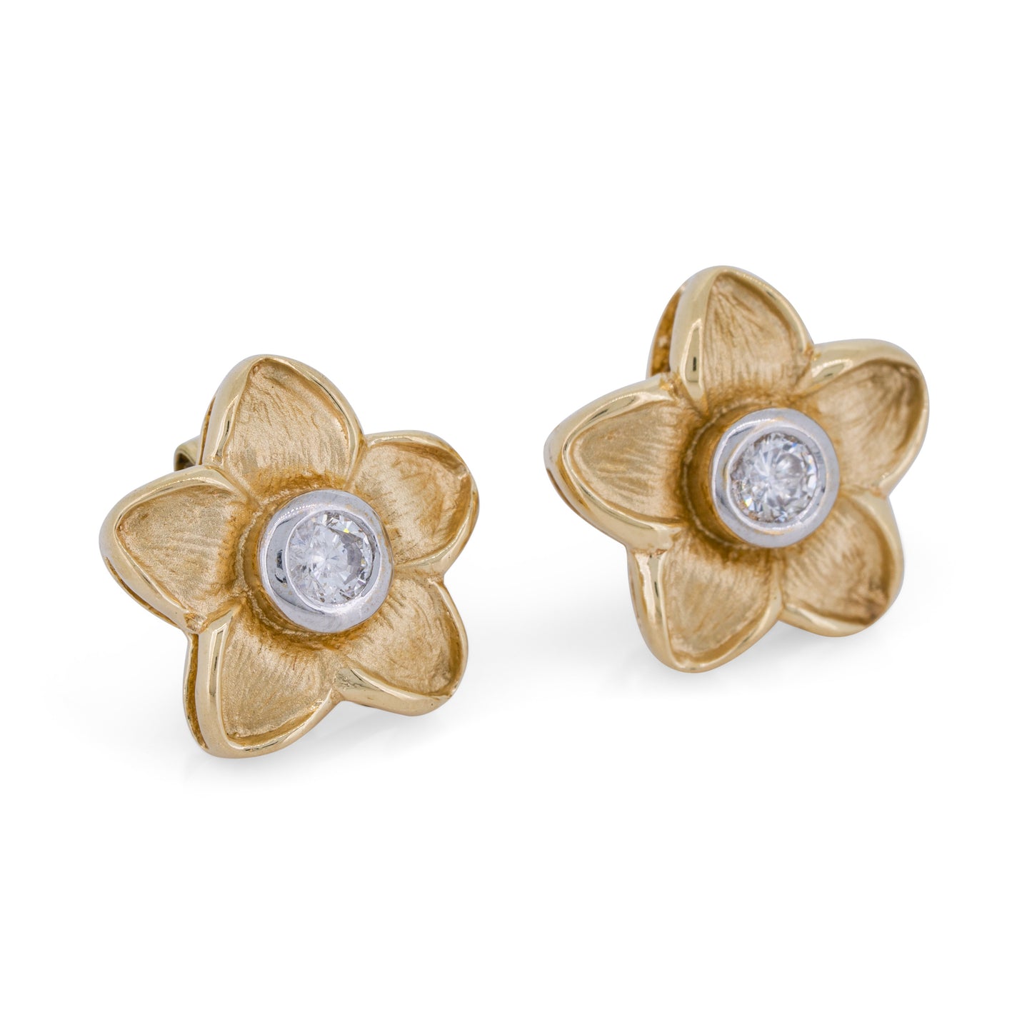 Textured Plumeria Flower Diamond Stud Earrings in 14k Gold