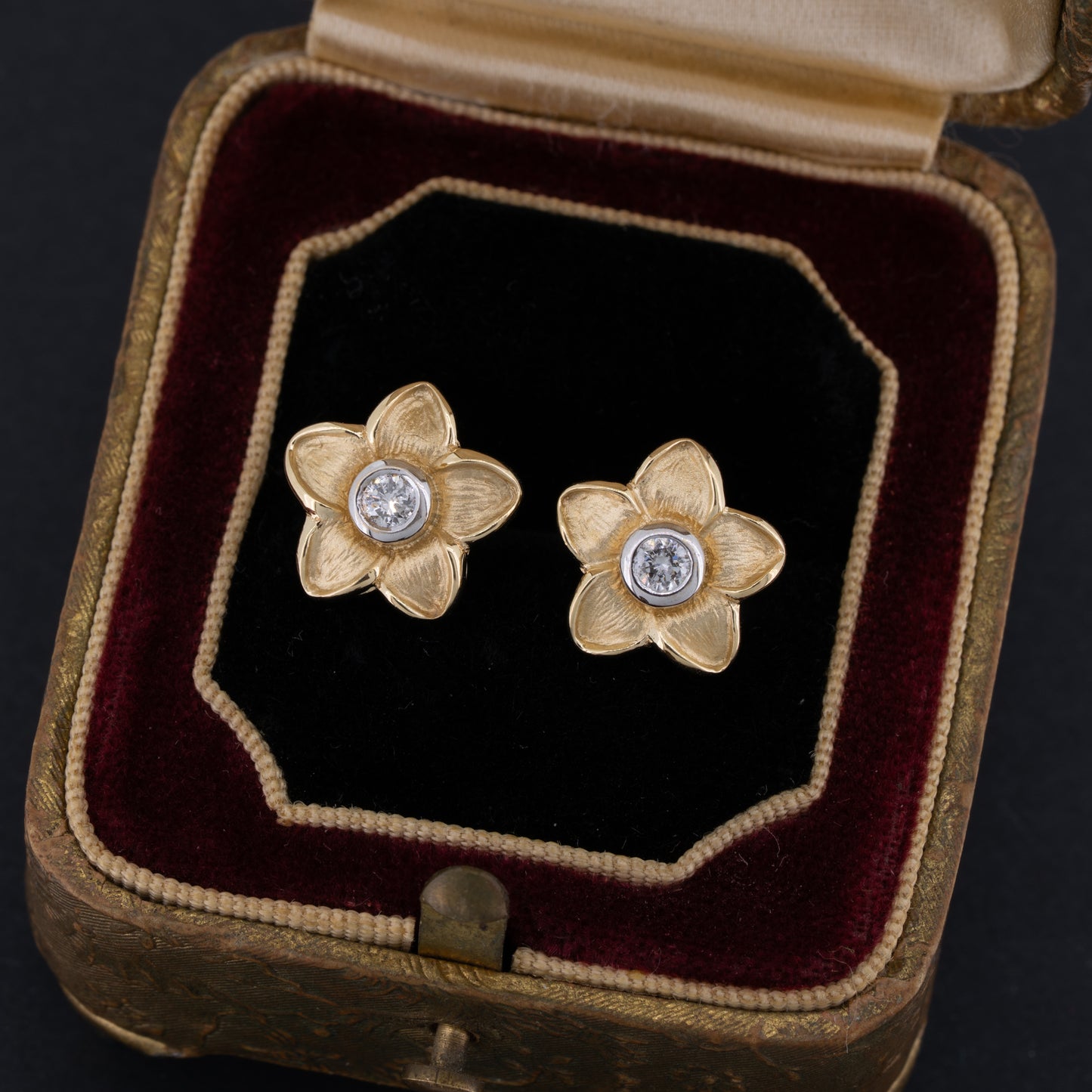 Textured Plumeria Flower Diamond Stud Earrings in 14k Gold