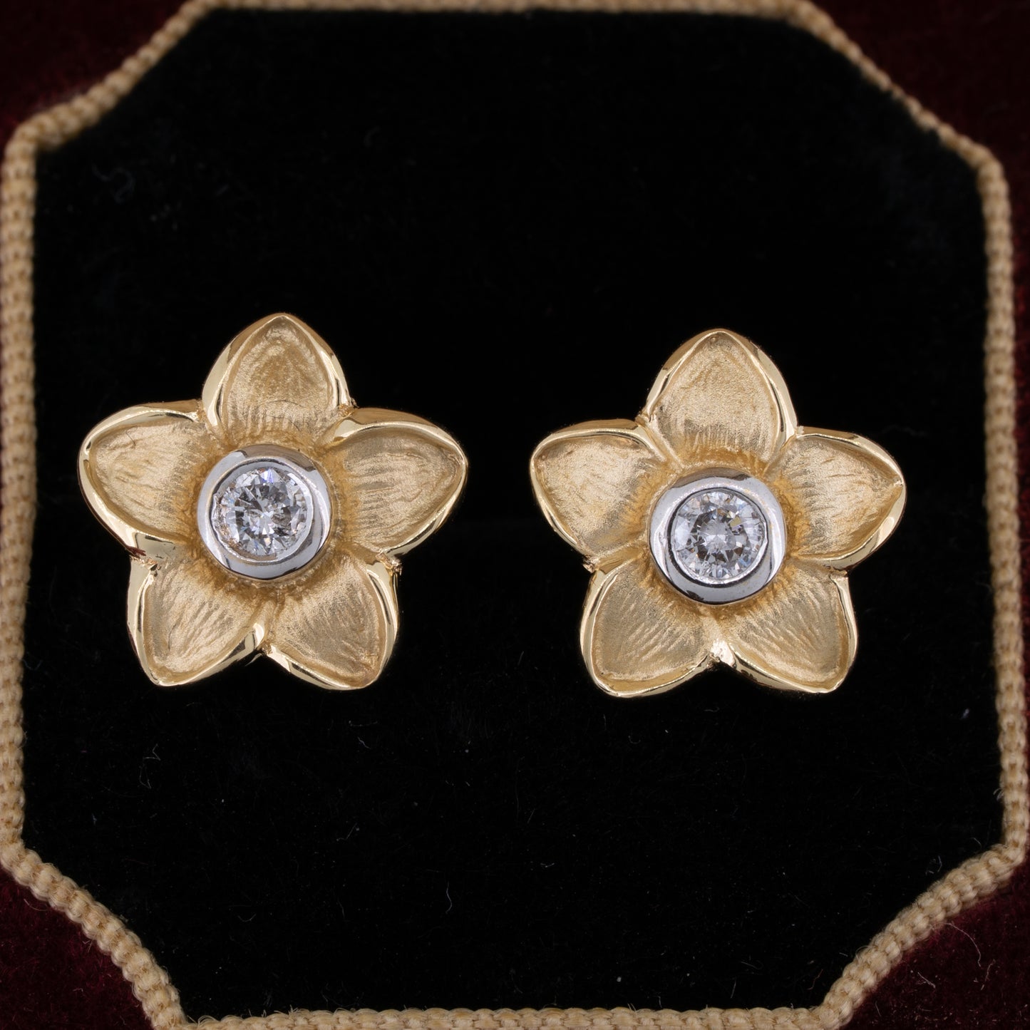 Textured Plumeria Flower Diamond Stud Earrings in 14k Gold