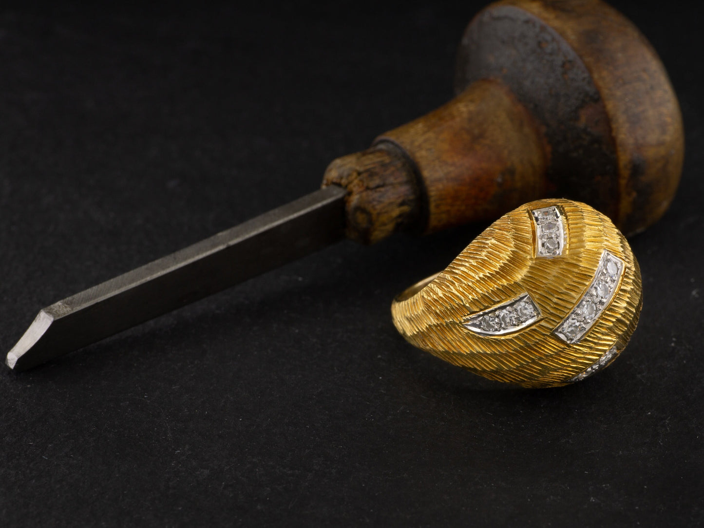 Vintage Diamond Dome Ring 18kt Yellow Gold Anniversary Ring Mid Century Jewelry - Redpoint Jewelry