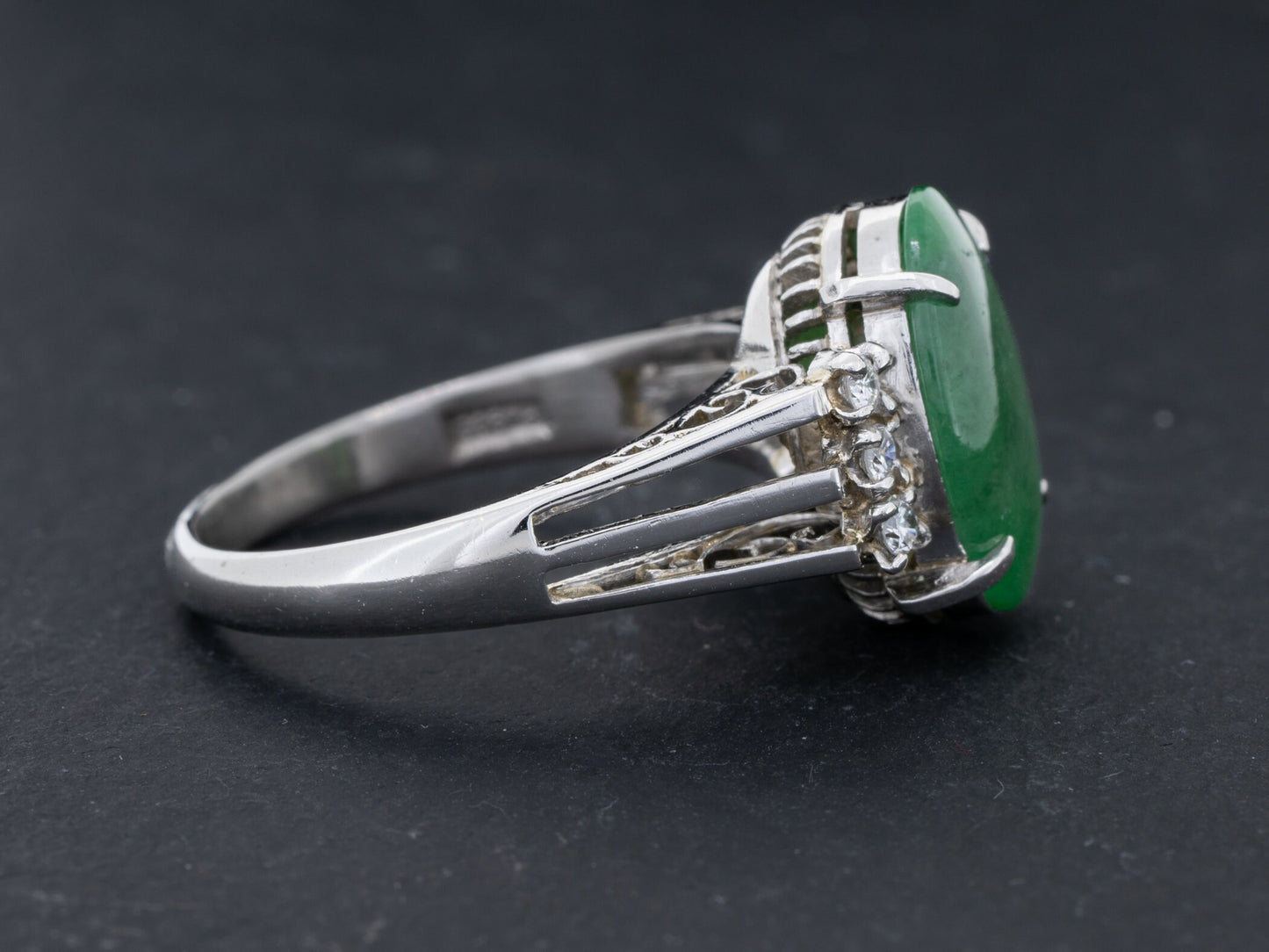 GIA Certified Type A Fei Cui Green Jade and Diamond Ring in Platinum - Redpoint Jewelry