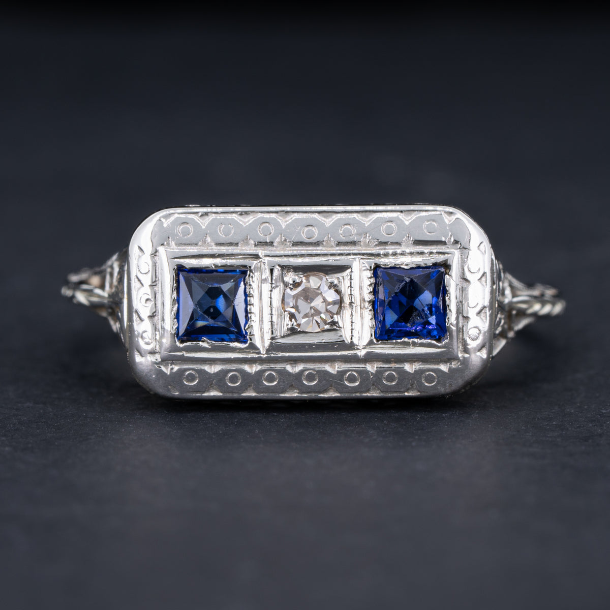 Vintage Art Deco Three Stone Filigree Ring Diamond and Sapphire 14k Wh