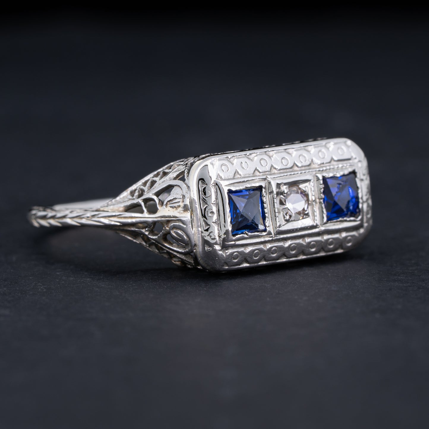 Vintage Art Deco Filigree Ring Diamond Sapphire 14k White Gold Redpoint Jewelry