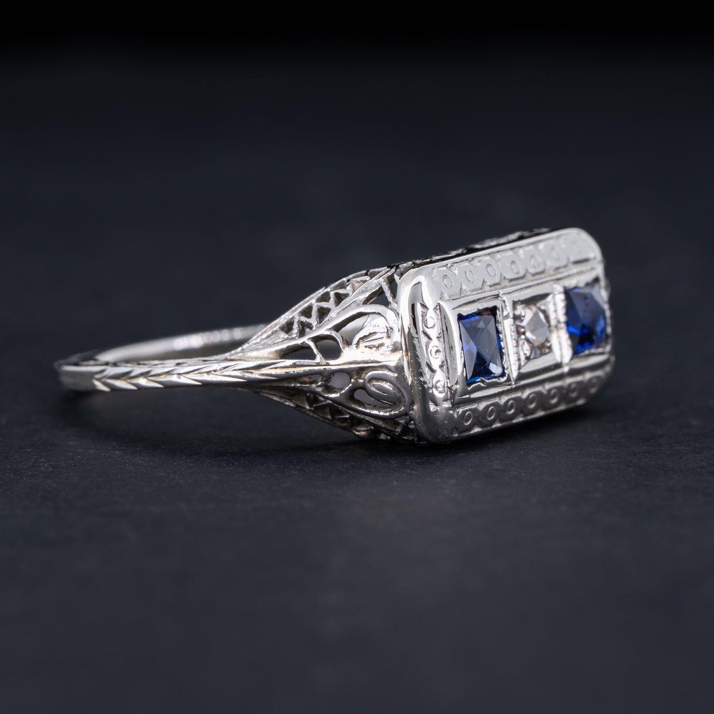 Vintage Art Deco Three Stone Filigree Ring Diamond and Sapphire 14k White Gold