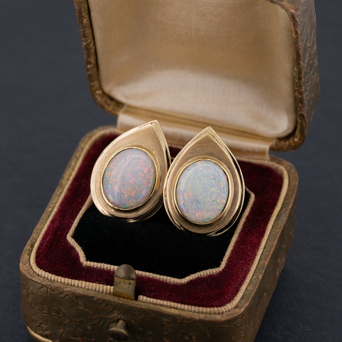 Mid Century Vintage Australian Opal Stud Earrings 14k Gold Redpoint Jewelry 