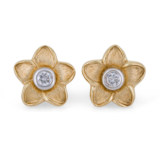 Textured Plumeria Flower Diamond Stud Earrings in 14k Gold