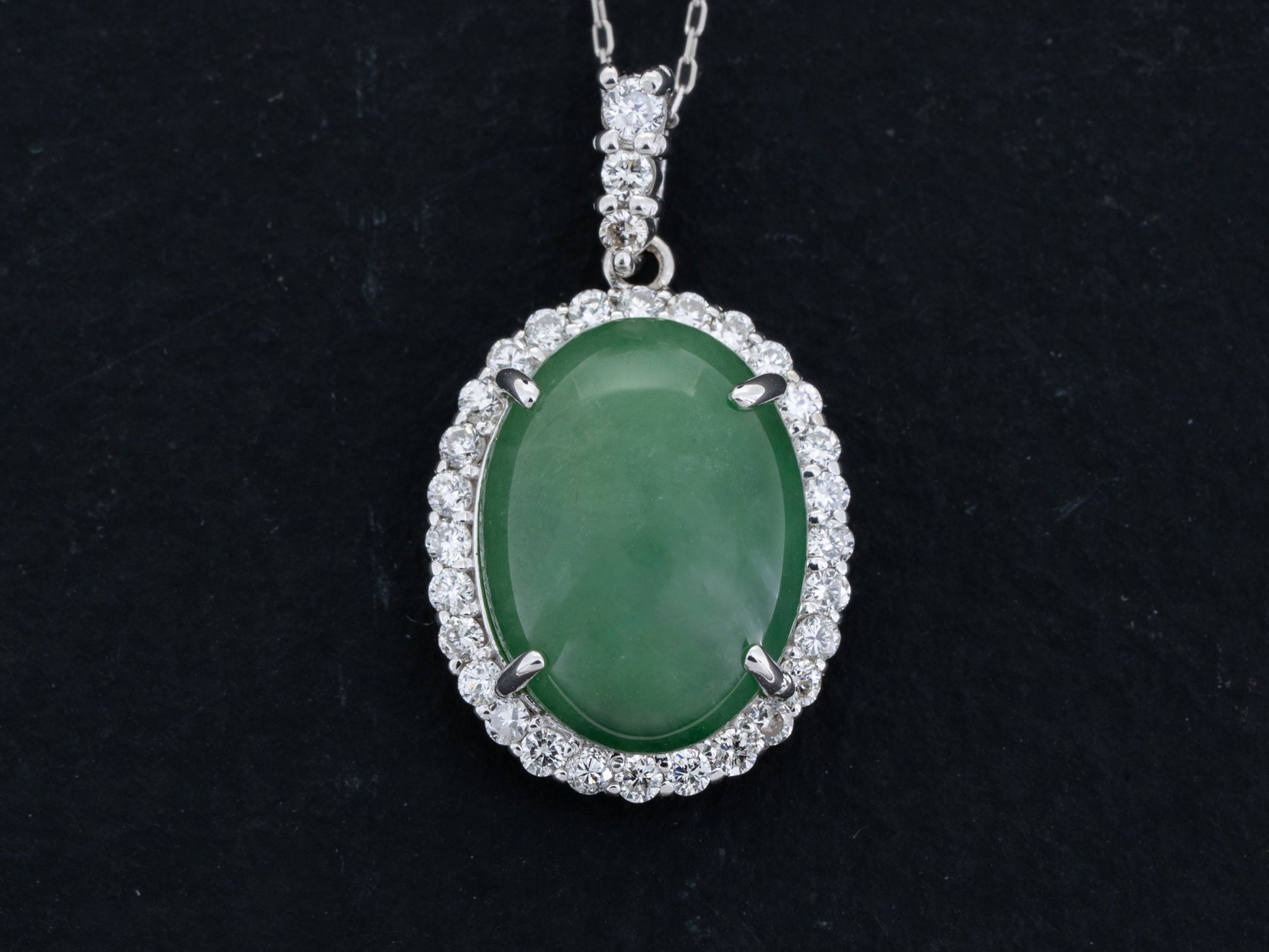 GIA Certified Type A Fei Cui Green Jade and Diamond Pendant Necklace 18k White Gold - Redpoint Jewelry 