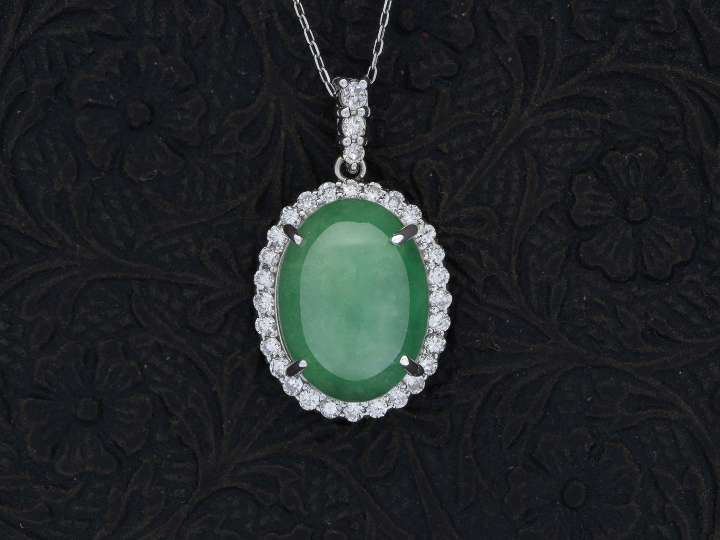 GIA Certified Type A Fei Cui Green Jade and Diamond Pendant Necklace 18k White Gold - Redpoint Jewelry 