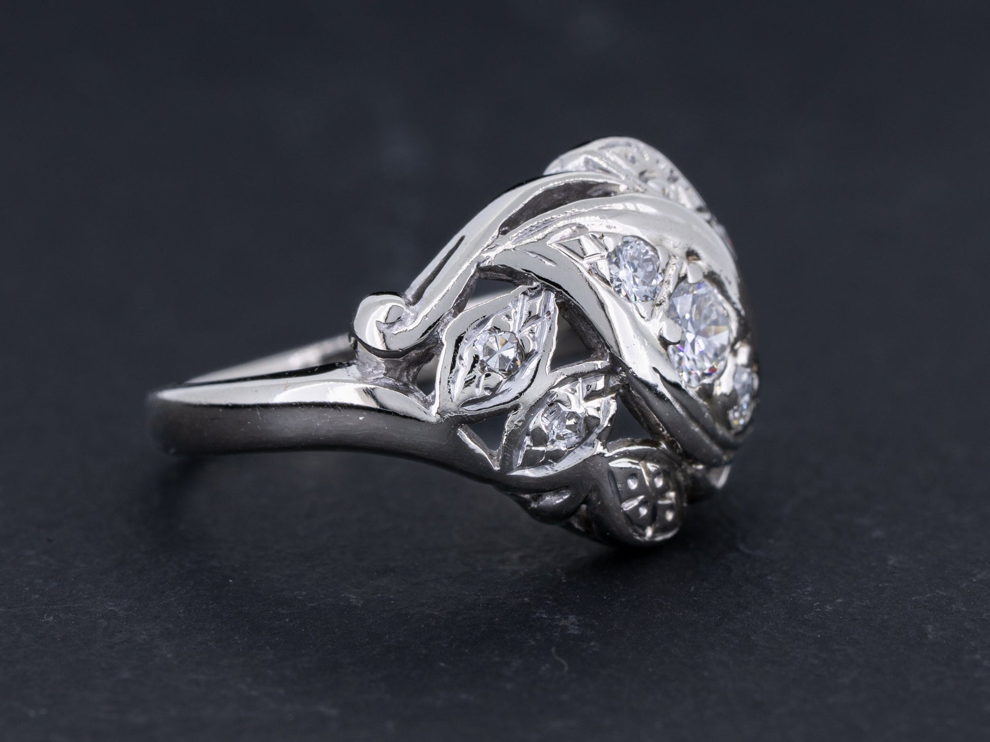 Vintage Art Nouveau Diamond Engagement Ring 14k White Gold - Redpoint Jewelry 