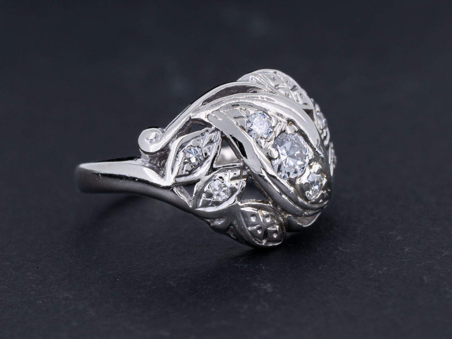 Vintage Art Nouveau Diamond Engagement Ring 14k White Gold - Redpoint Jewelry 