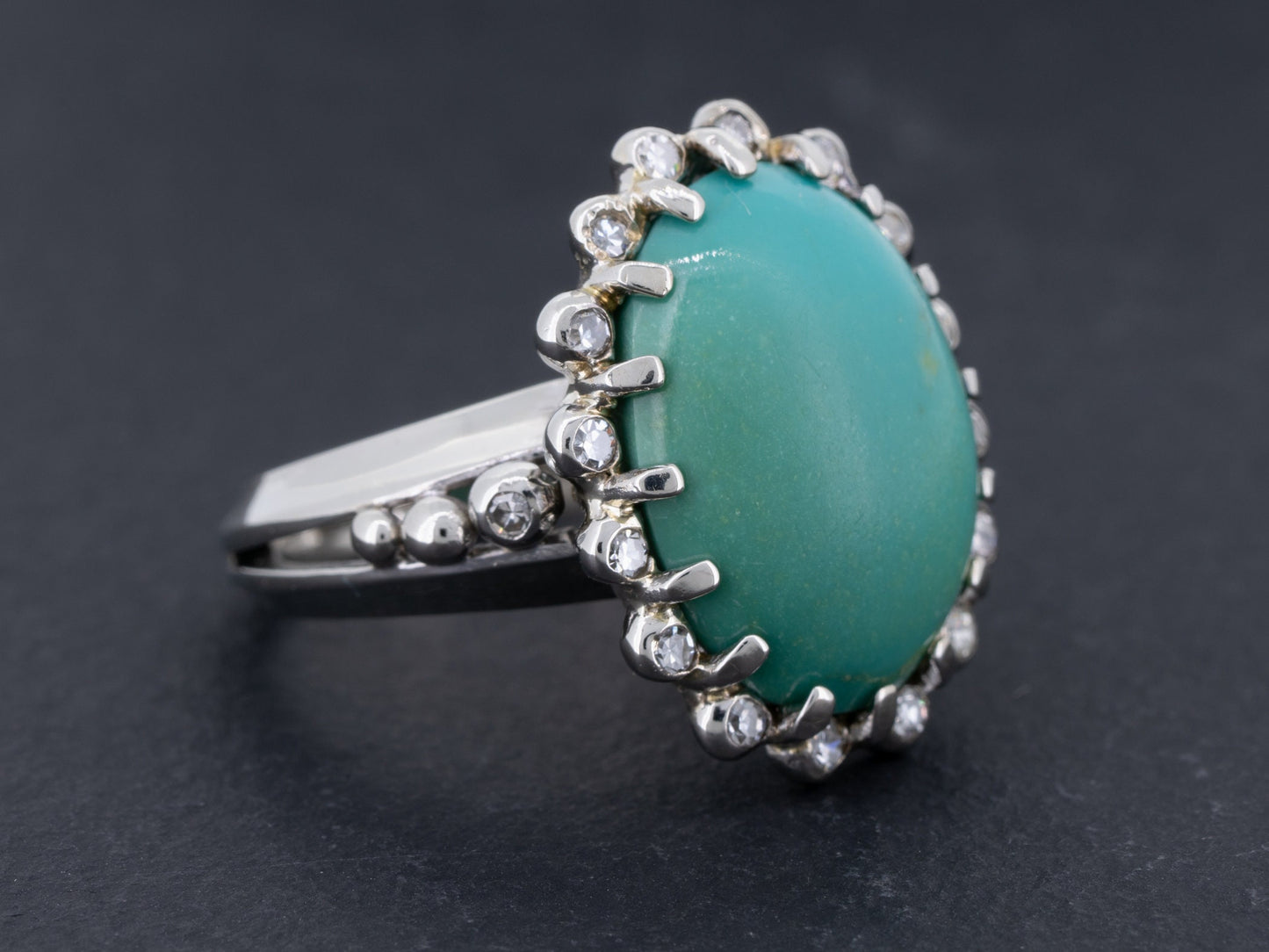 Vintage Turquoise and Diamond Ring in 14k White Gold - Redpoint Jewelry 