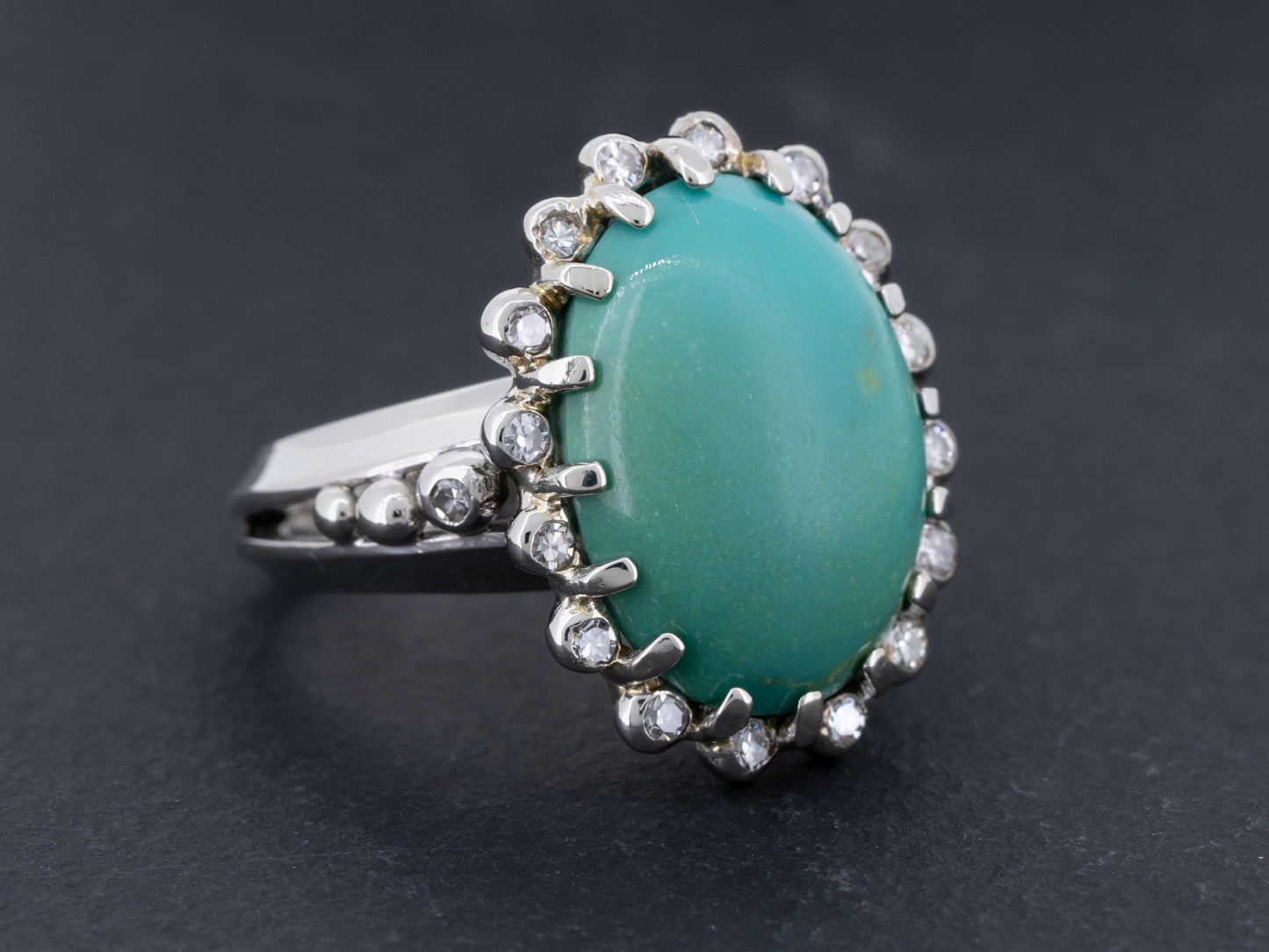 Vintage Turquoise and Diamond Ring in 14k White Gold - Redpoint Jewelry 