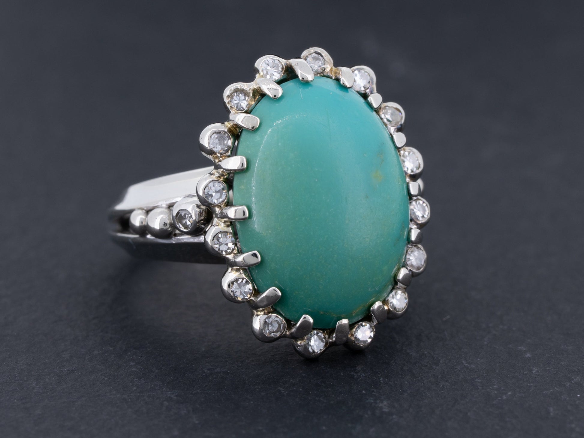 Vintage Turquoise and Diamond Ring in 14k White Gold - Redpoint Jewelry 