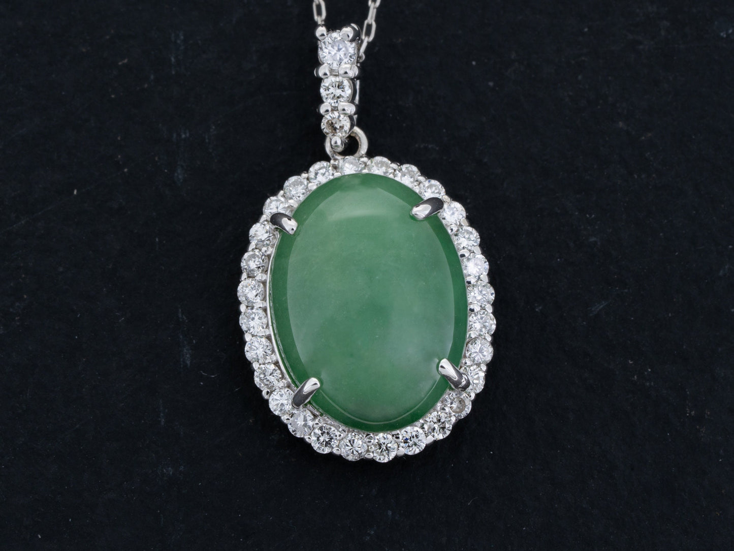 GIA Certified Type A Fei Cui Green Jade and Diamond Pendant Necklace 18k White Gold - Redpoint Jewelry 