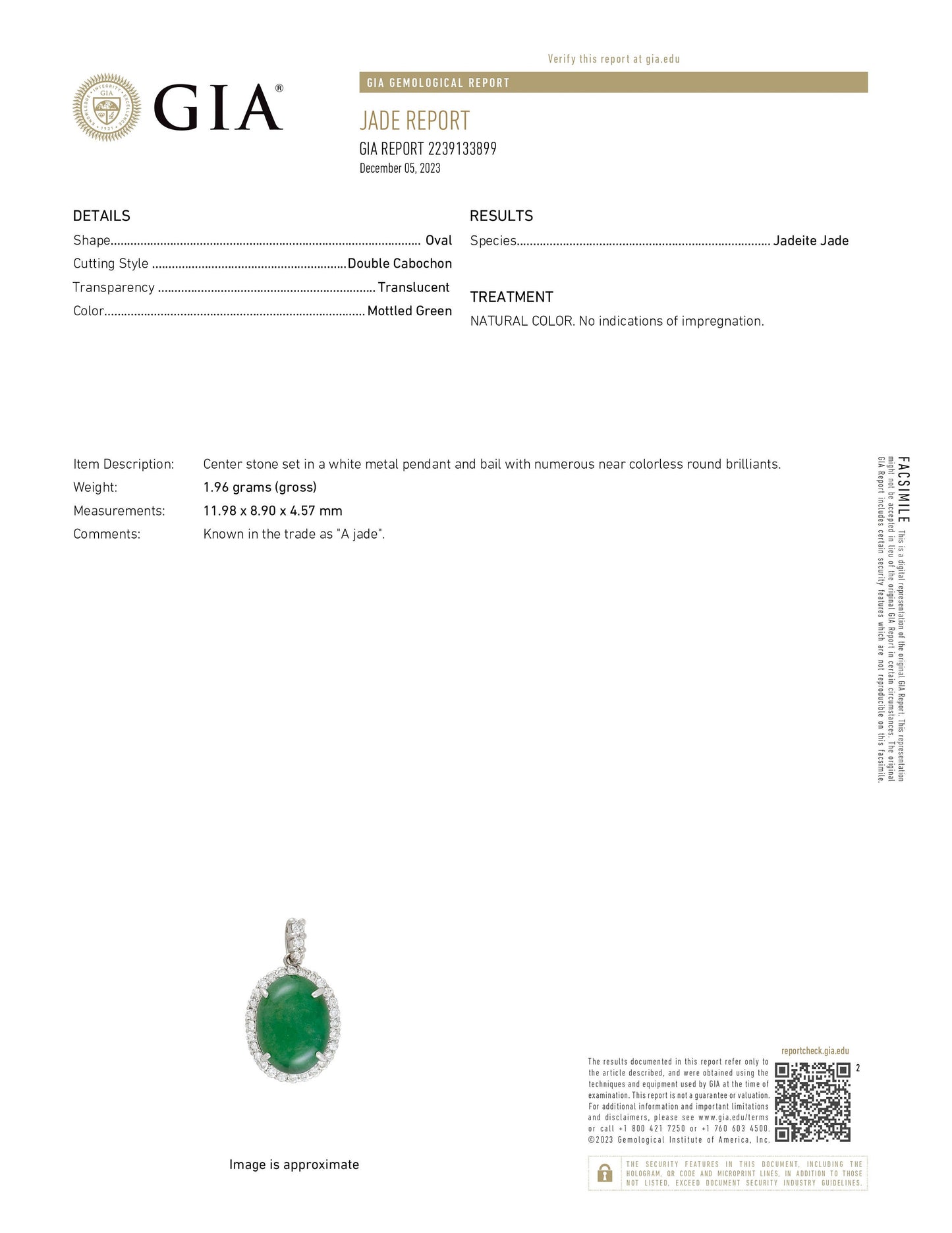 GIA Certified Type A Fei Cui Green Jade and Diamond Pendant Necklace 18k White Gold - Redpoint Jewelry 