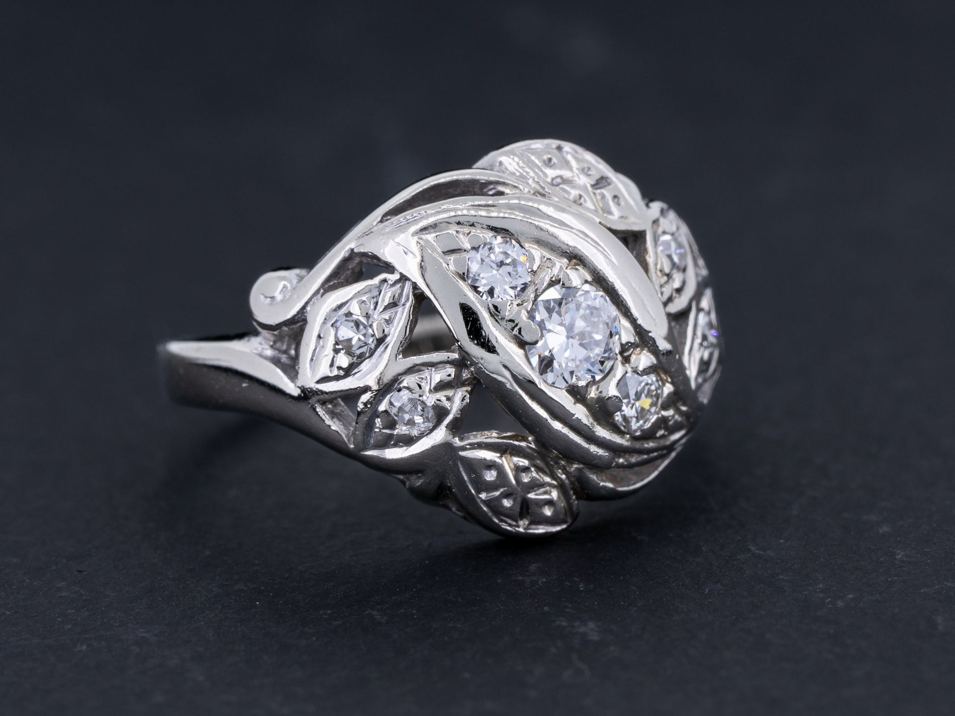 Vintage Art Nouveau Diamond Engagement Ring 14k White Gold - Redpoint Jewelry 