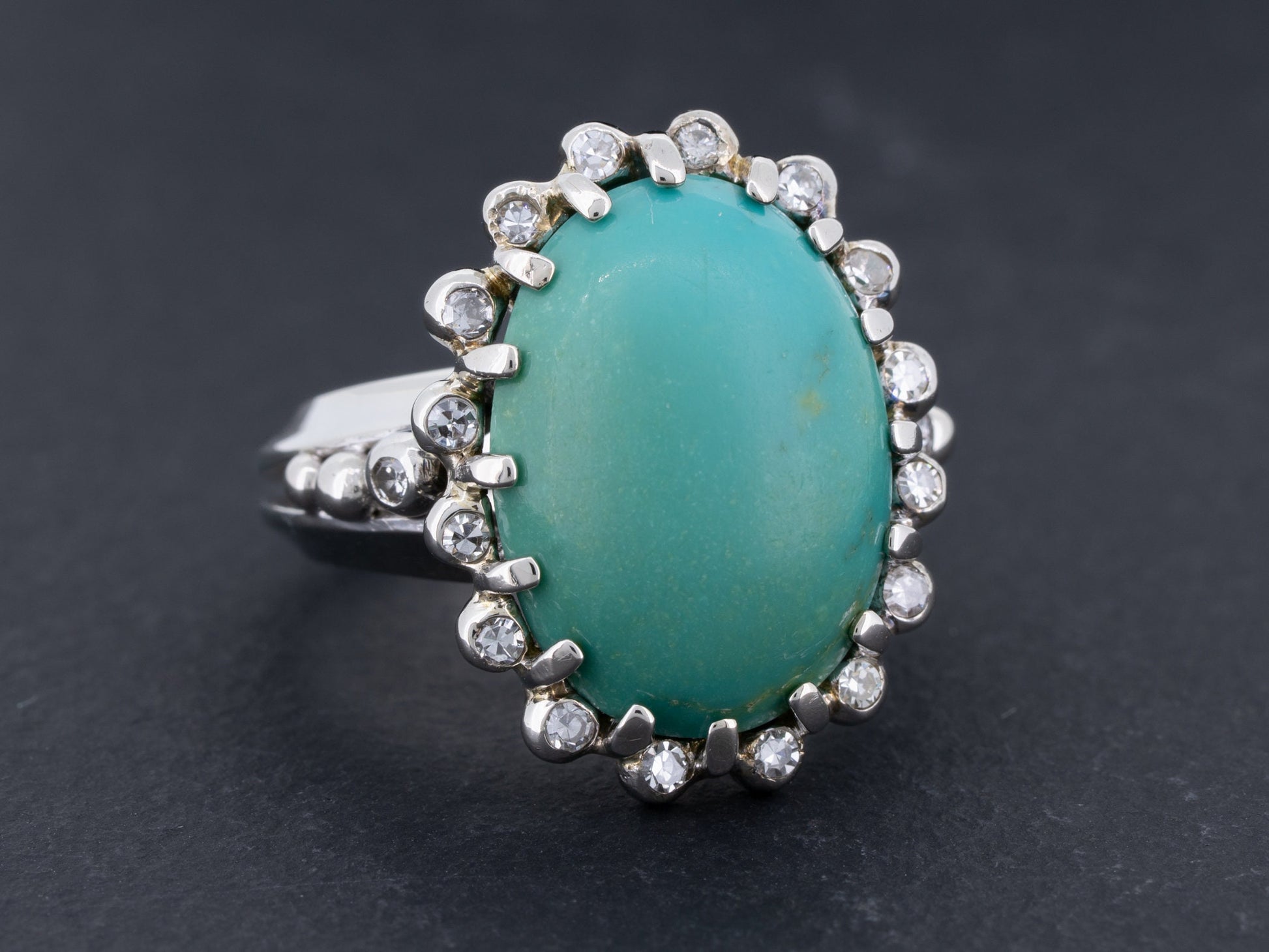 Vintage Turquoise and Diamond Ring in 14k White Gold - Redpoint Jewelry 