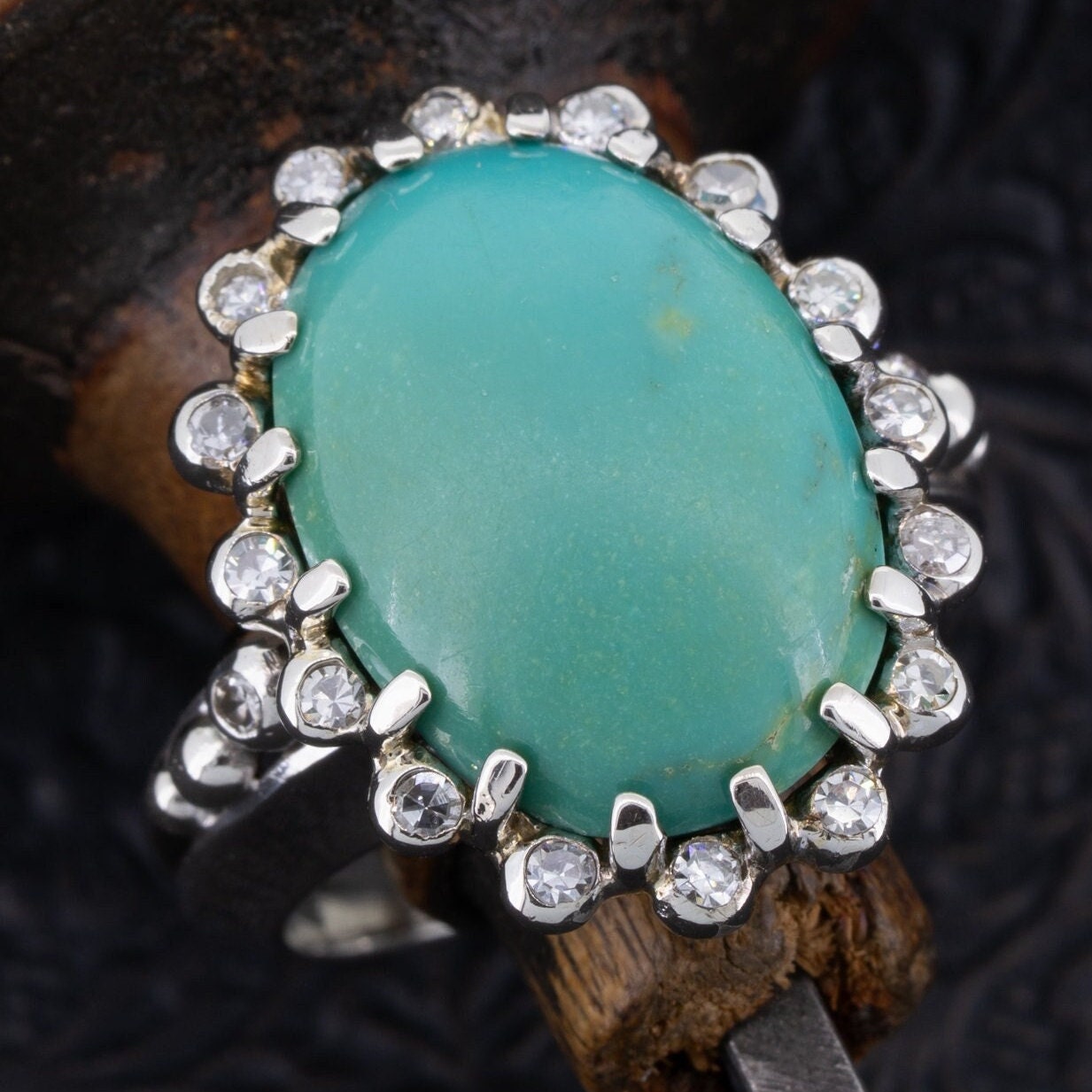 Vintage Turquoise and Diamond Ring in 14k White Gold - Redpoint Jewelry 