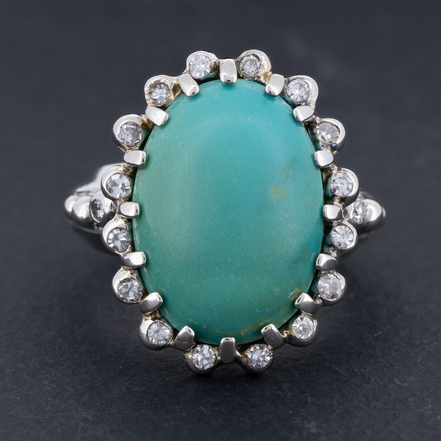 Vintage Turquoise and Diamond Ring in 14k White Gold - Redpoint Jewelry 