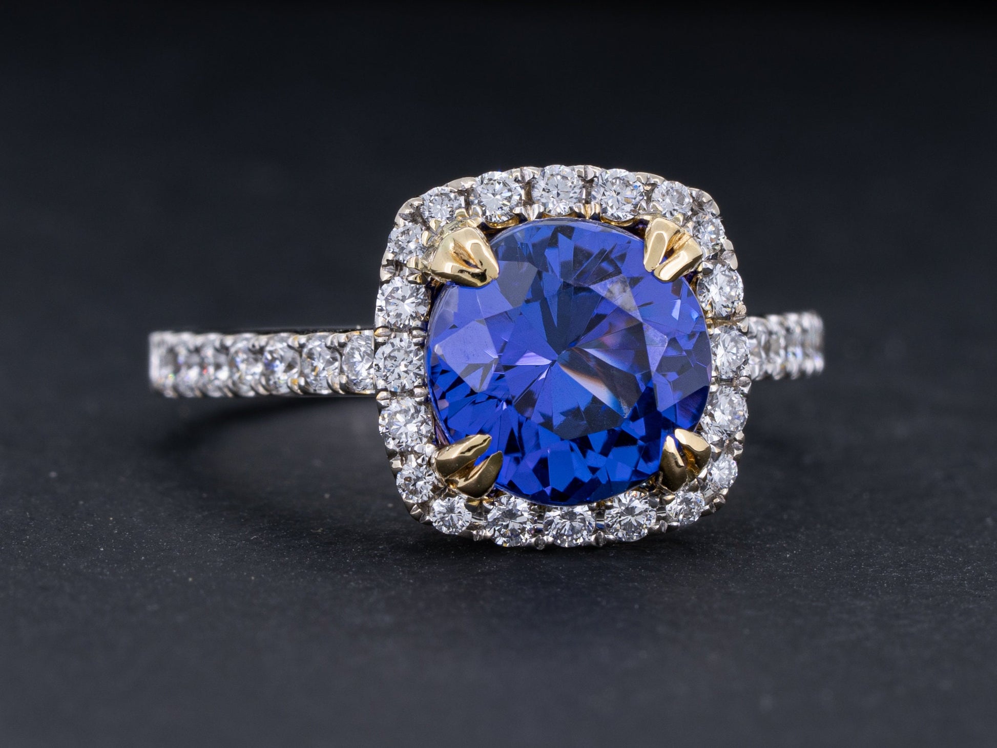 Tanzanite and Diamond Ring in 18k White and Yellow Gold 2.53ct Vivid Blue Natural Tanzanite Engagement Anniversary Jewelry Gift - Redpoint Jewelry 