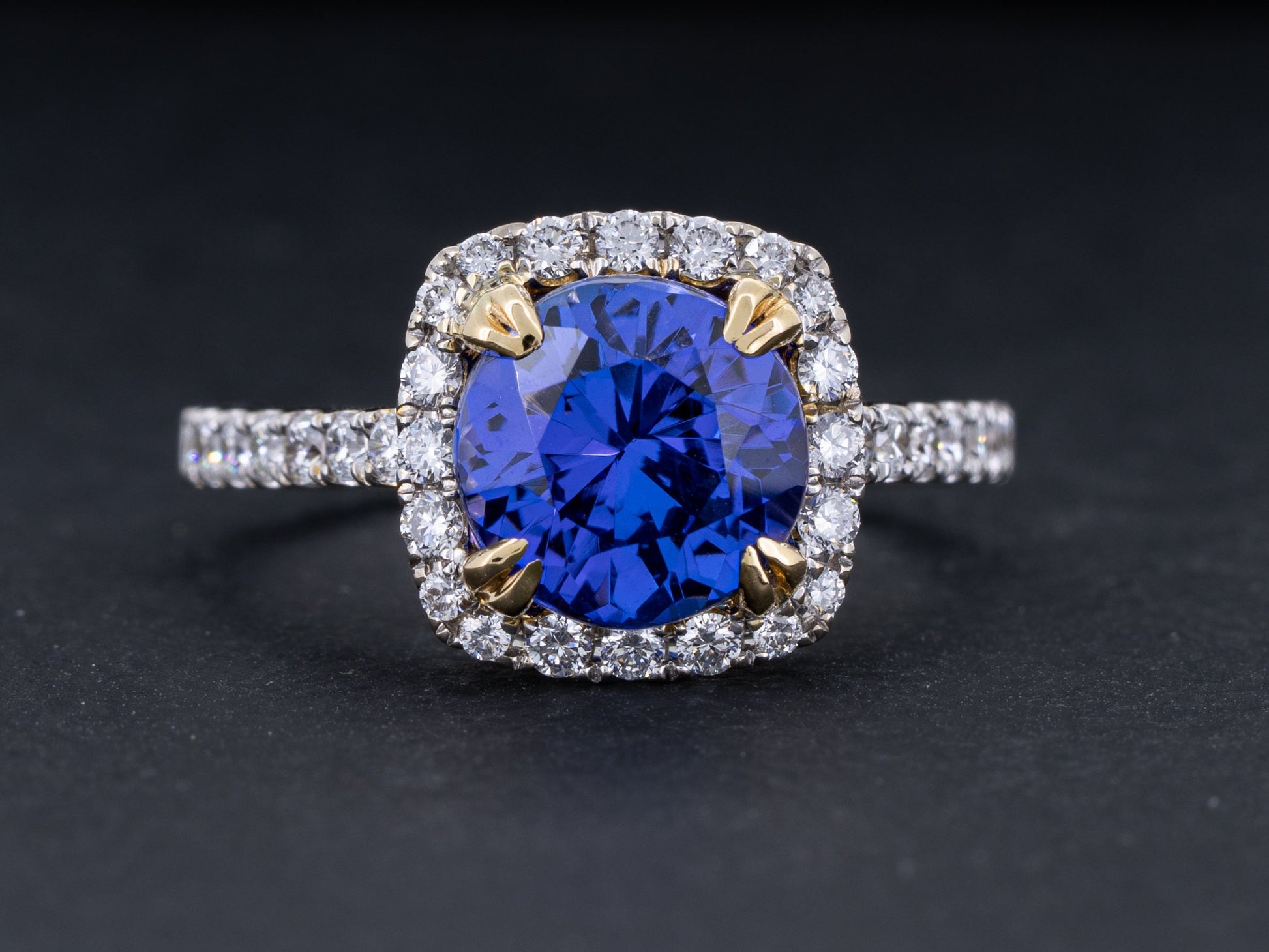 Tanzanite and Diamond Ring in 18k White and Yellow Gold 2.53ct Vivid Blue Natural Tanzanite Engagement Anniversary Jewelry Gift - Redpoint Jewelry 