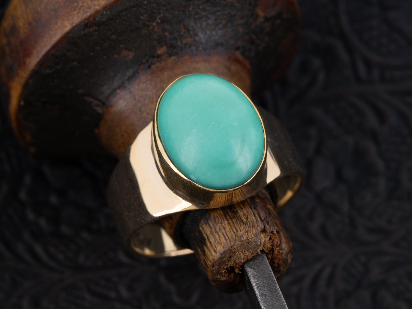 Vintage Turquoise Ring in 14k Gold 12x9 Natural Blue Turquoise Cabochon - Redpoint Jewelry 