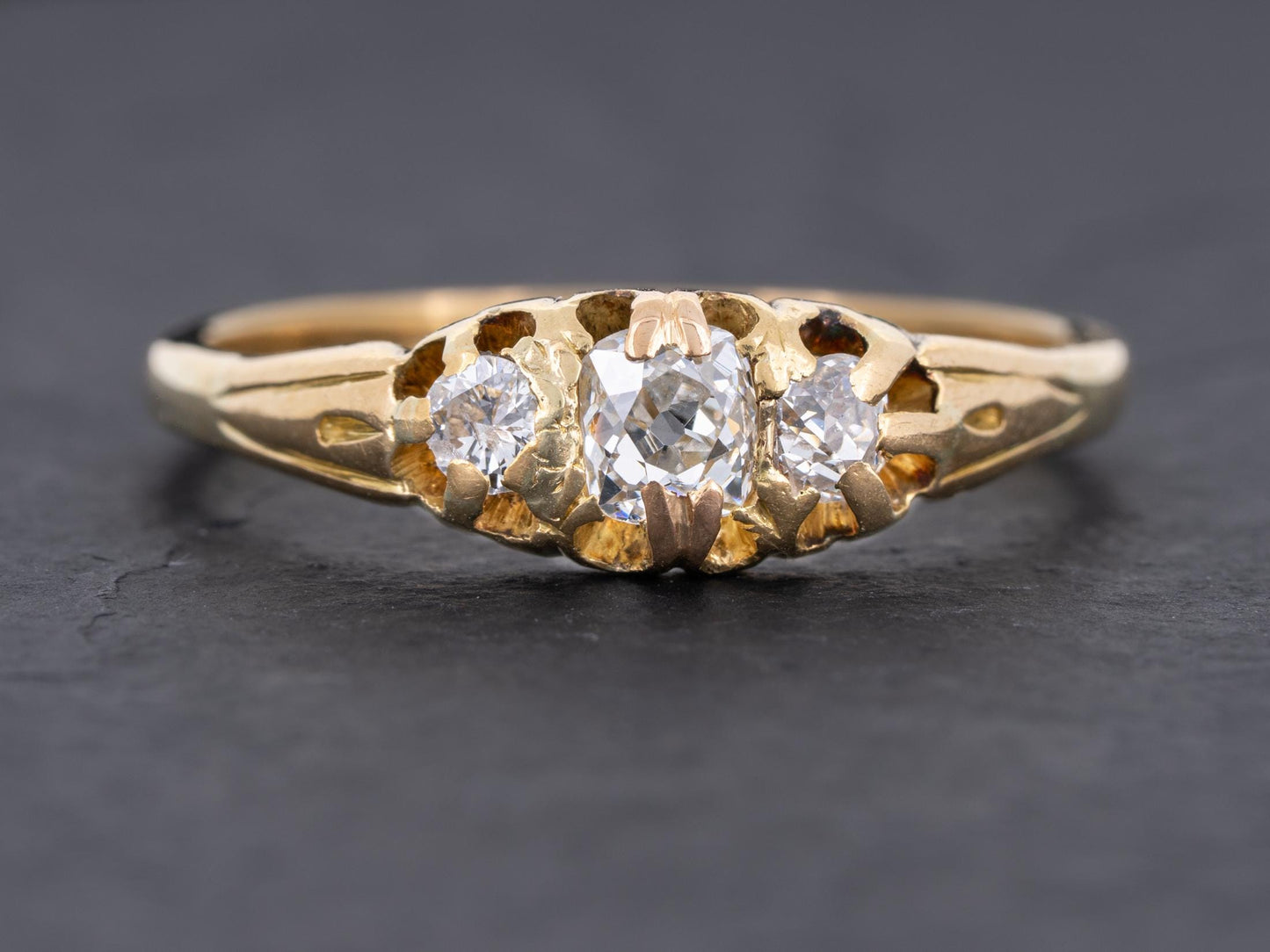 Edwardian Diamond Three Stone Ring 18k Yellow Gold - Redpoint Jewelry 