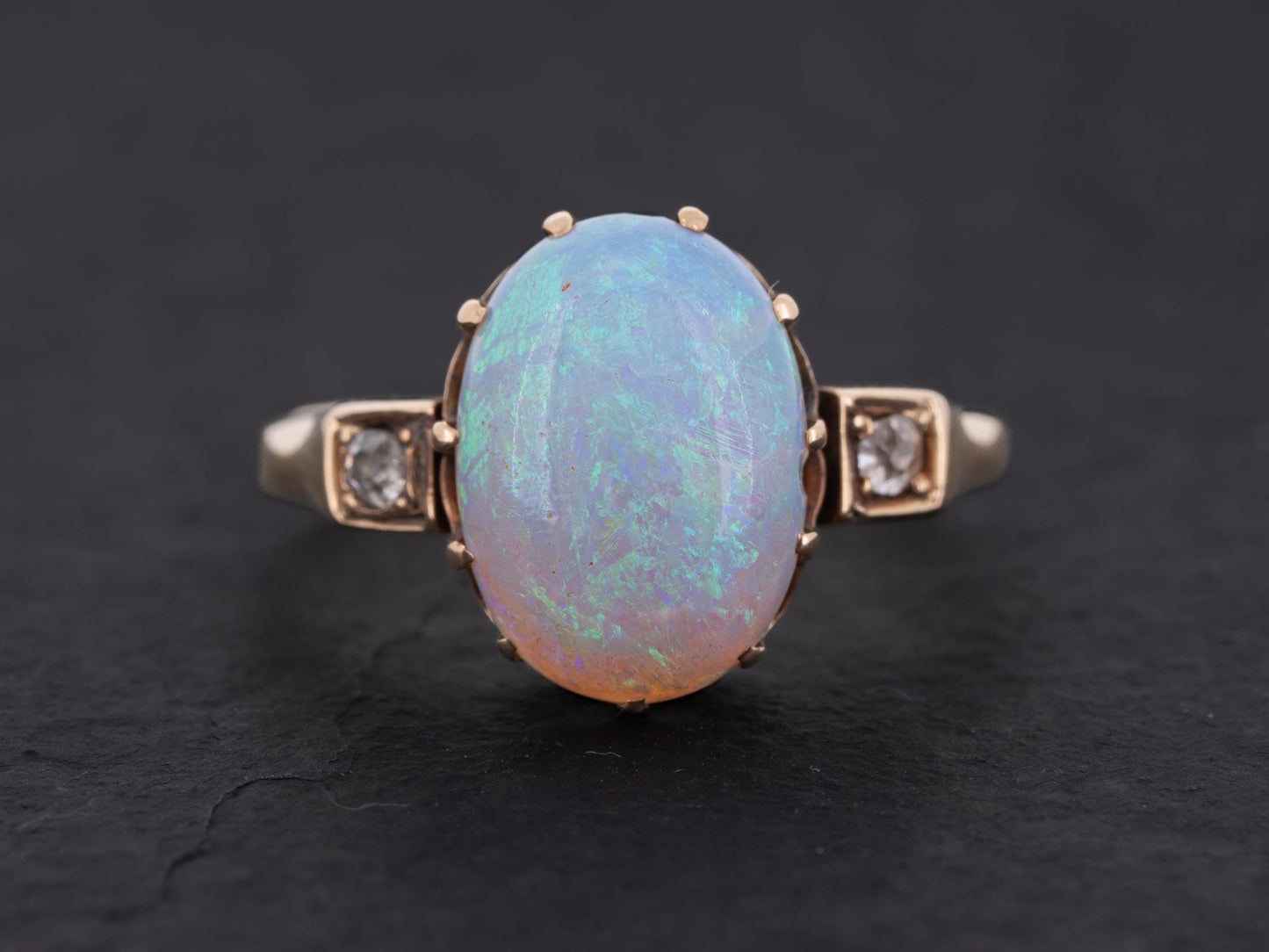 Edwardian Australian Opal Diamond Three Stone Ring 14k Yellow Gold - Redpoint Jewelry 