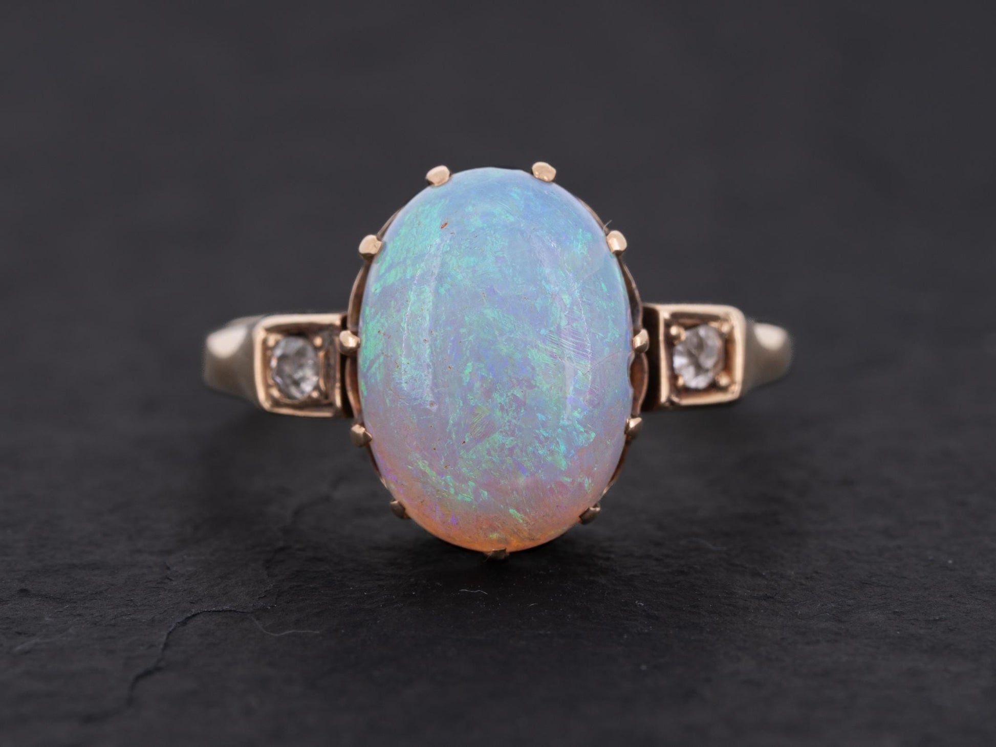 Edwardian Australian Opal Diamond Three Stone Ring 14k Yellow Gold - Redpoint Jewelry 