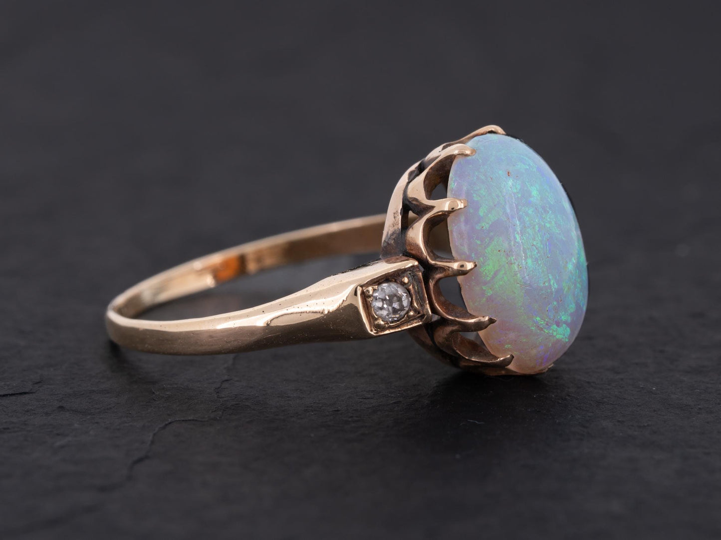 Edwardian Australian Opal Diamond Three Stone Ring 14k Yellow Gold - Redpoint Jewelry 