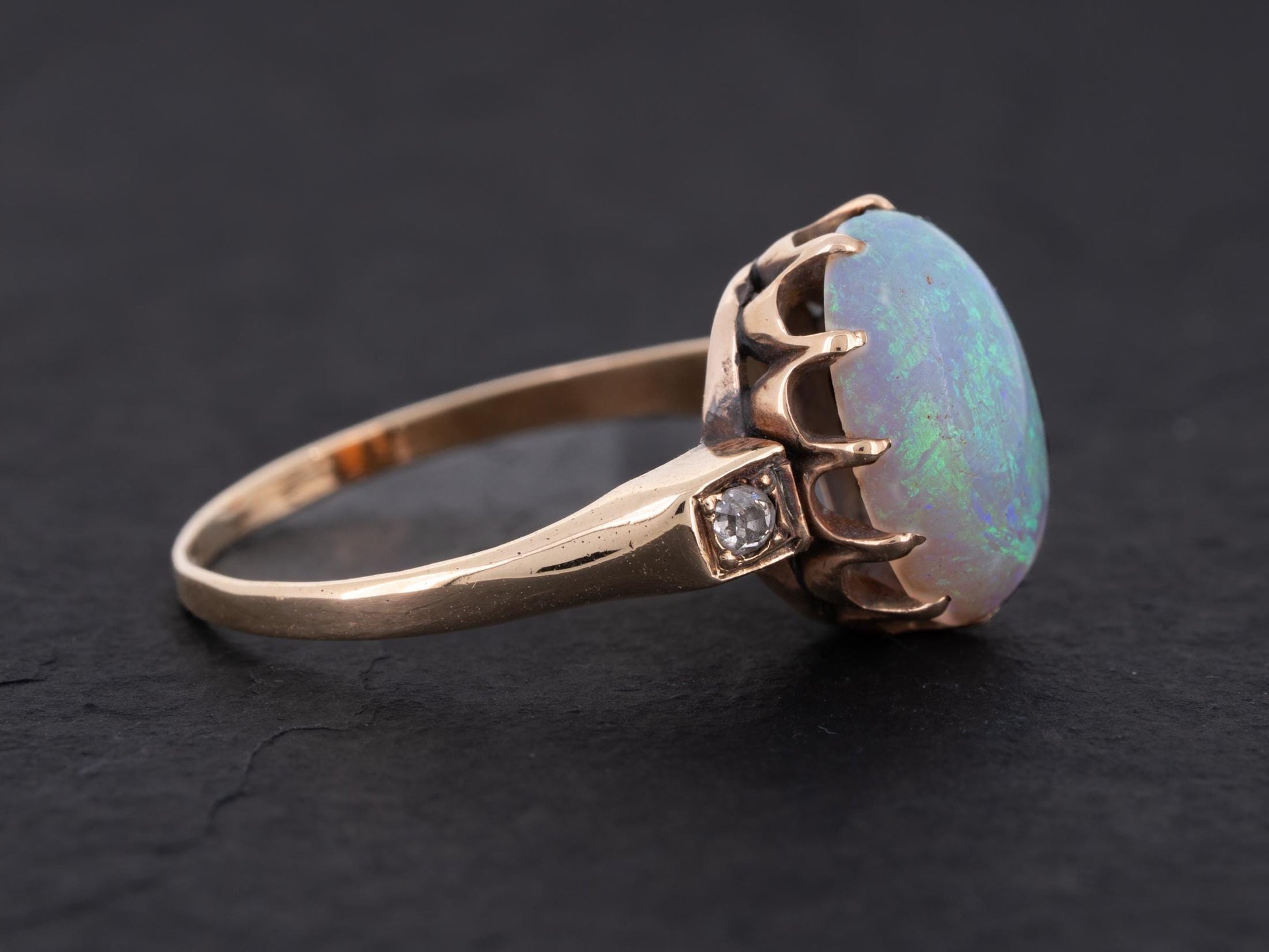 Edwardian Australian Opal Diamond Three Stone Ring 14k Yellow Gold - Redpoint Jewelry 