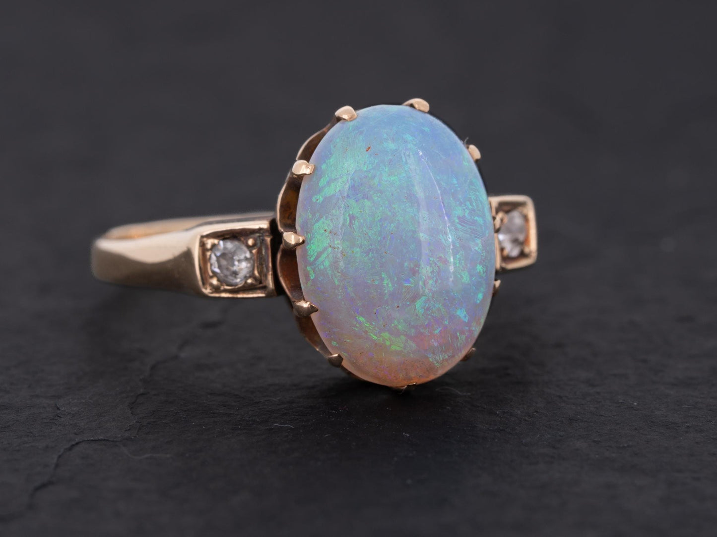 Edwardian Australian Opal Diamond Three Stone Ring 14k Yellow Gold - Redpoint Jewelry 