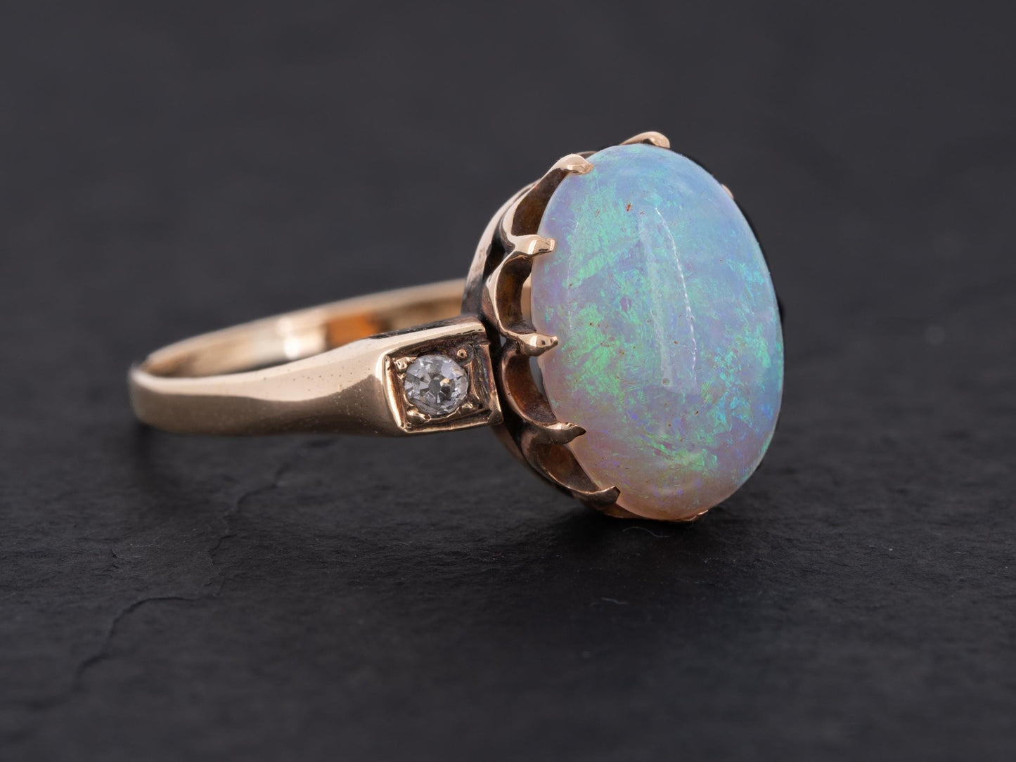 Edwardian Australian Opal Diamond Three Stone Ring 14k Yellow Gold - Redpoint Jewelry 