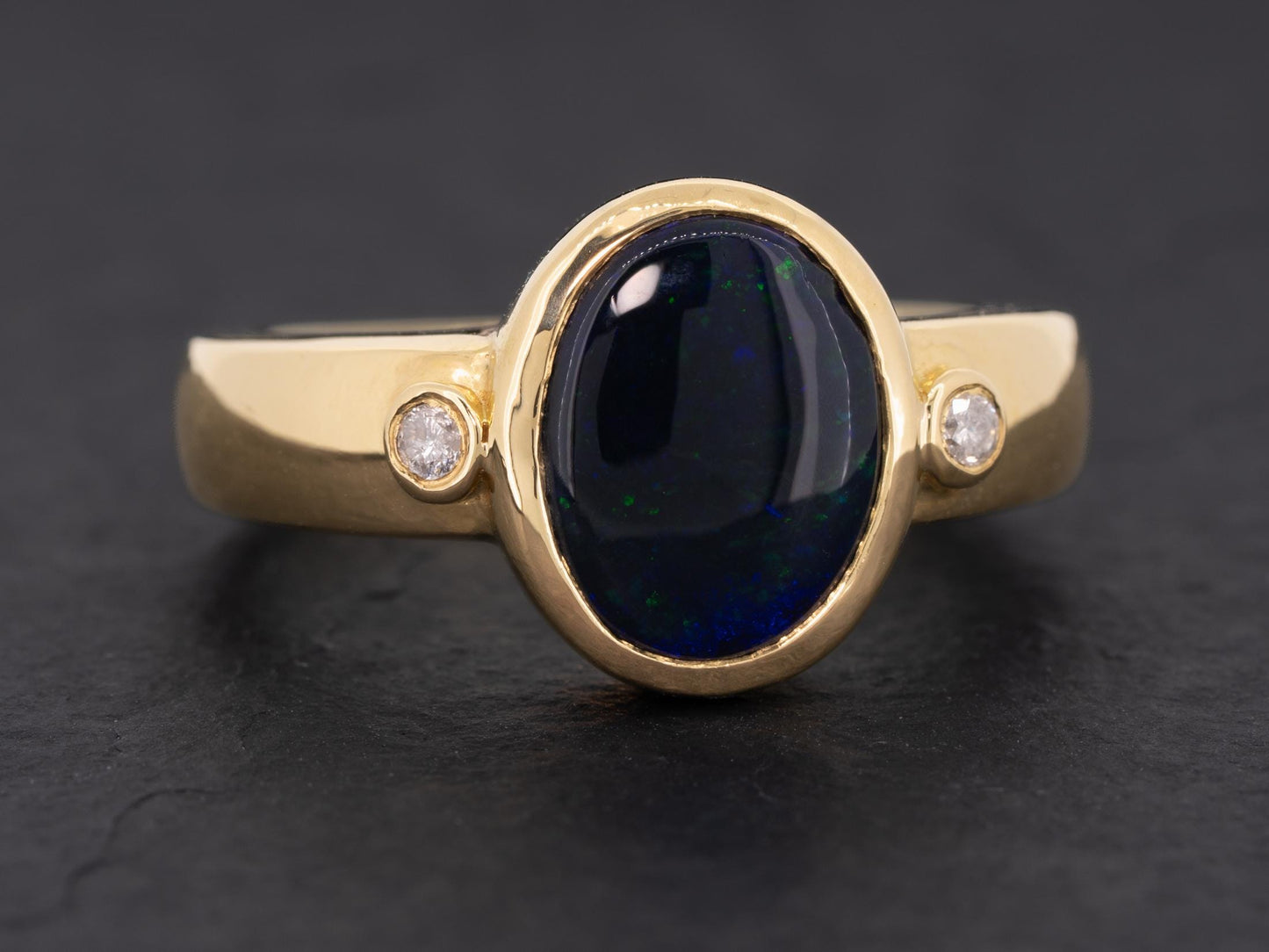 Vintage Australian Black Opal Diamond Three Stone Ring 18k Gold - Redpoint Jewelry 