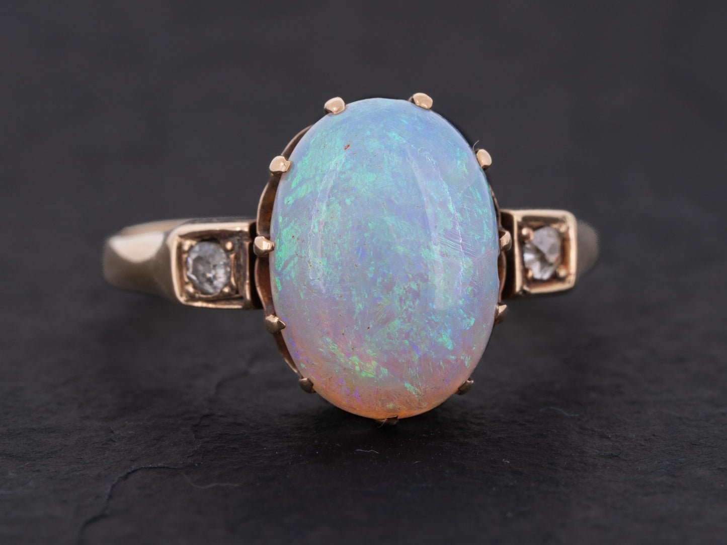 Edwardian Australian Opal Diamond Three Stone Ring 14k Yellow Gold - Redpoint Jewelry 