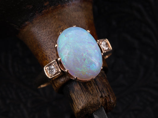 Edwardian Australian Opal Diamond Three Stone Ring 14k Yellow Gold - Redpoint Jewelry 