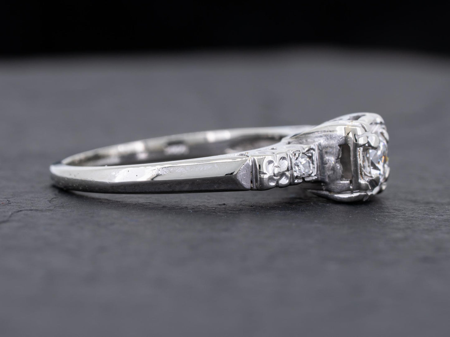 Art Deco Diamond Engagement Ring Vintage Three Stone 14k White Gold - Redpoint Jewelry 