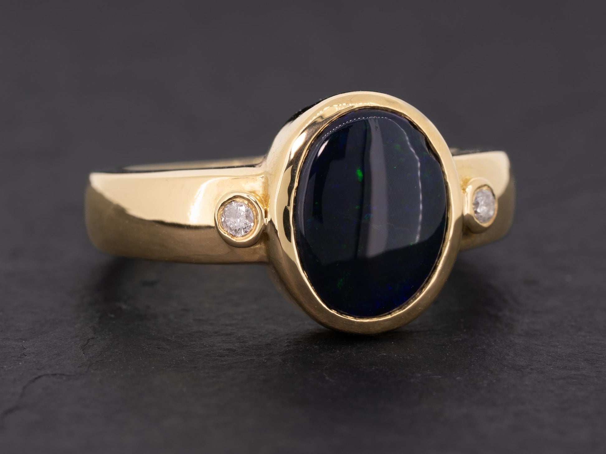 Vintage Australian Black Opal Diamond Three Stone Ring 18k Gold - Redpoint Jewelry 