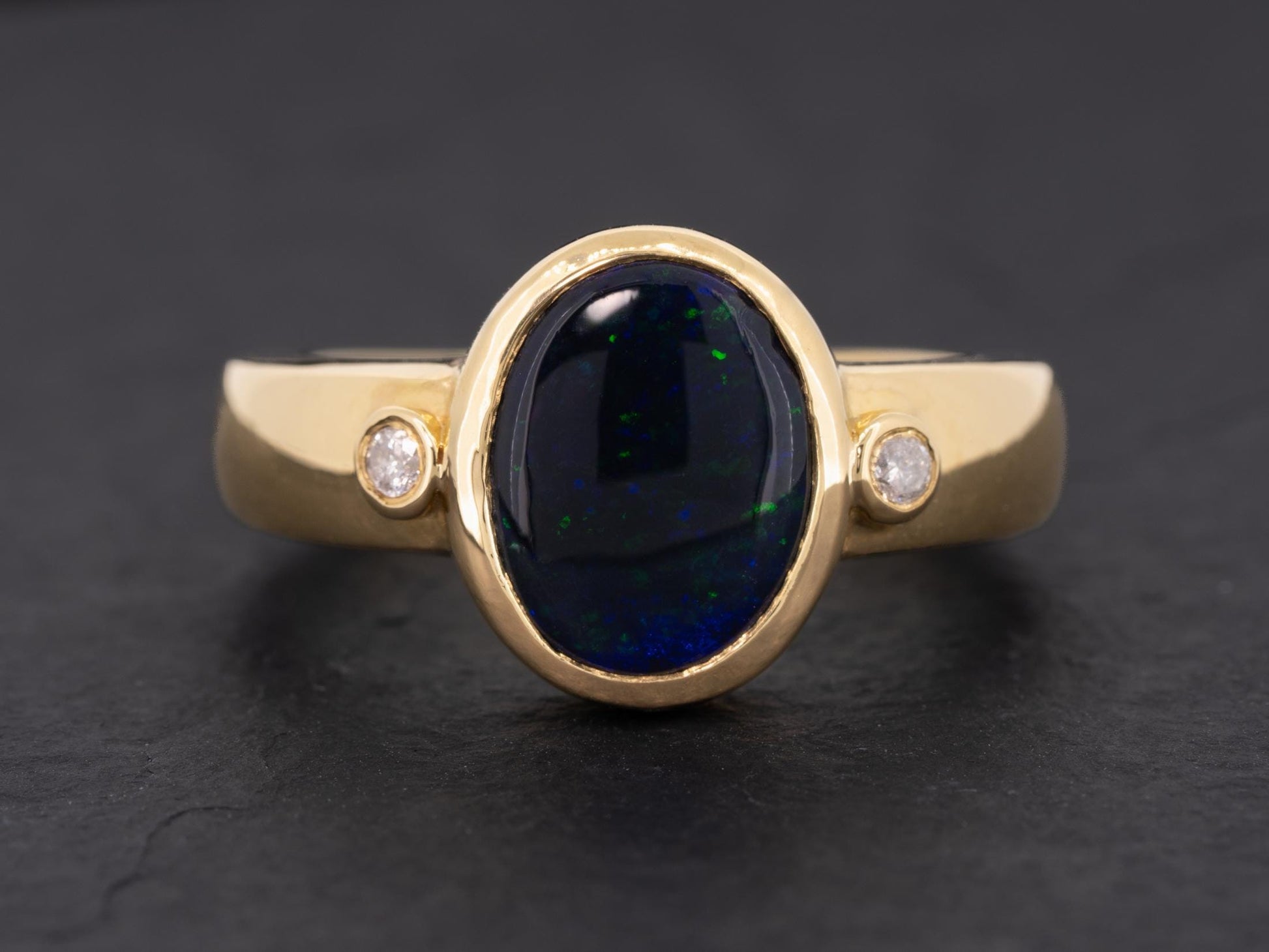 Vintage Australian Black Opal Diamond Three Stone Ring 18k Gold - Redpoint Jewelry 