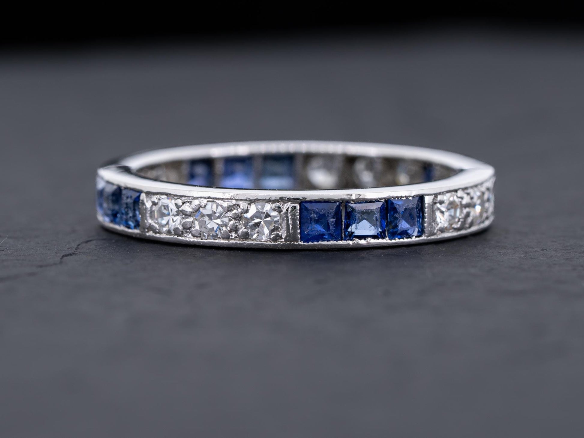 Vintage Art Deco Diamond Sapphire Engagement Eternity Ring in Platinum - Redpoint Jewelry 