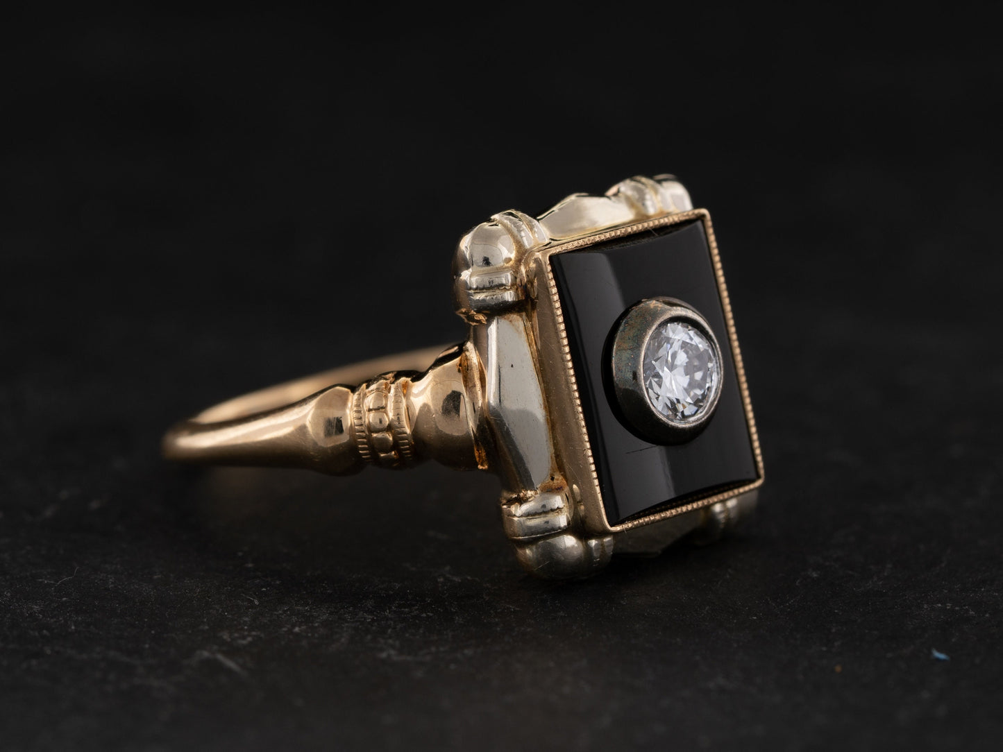 Vintage Art Nouveau Diamond Solitaire Ring Black Onyx 10k Yellow & White Gold - Redpoint Jewelry 