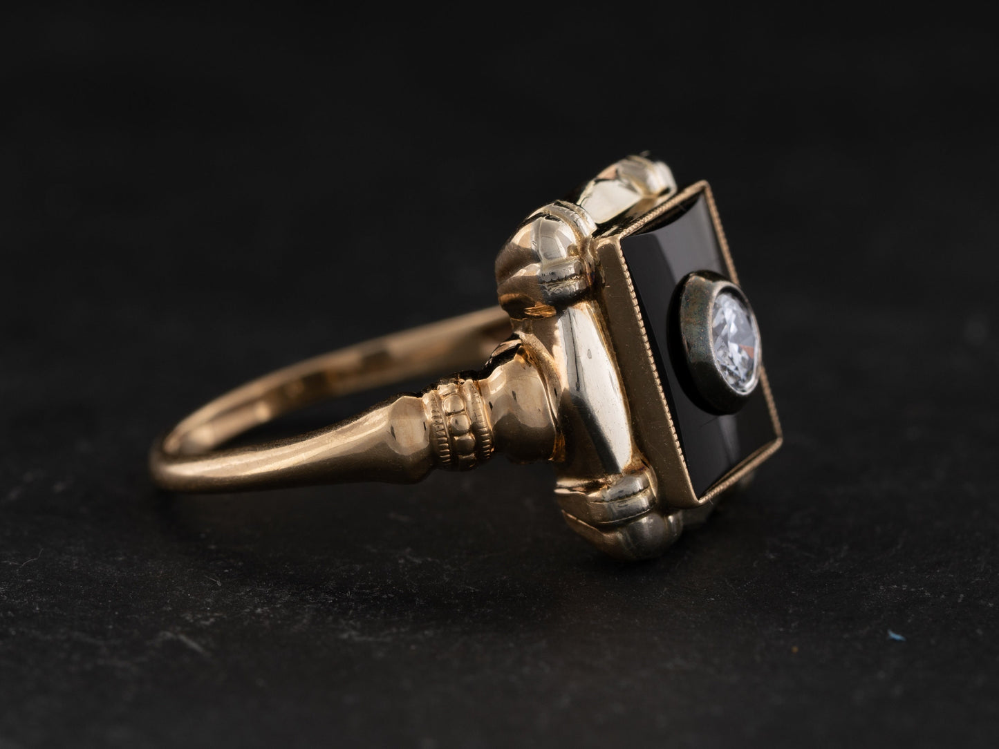 Vintage Art Nouveau Diamond Solitaire Ring Black Onyx 10k Yellow & White Gold - Redpoint Jewelry 