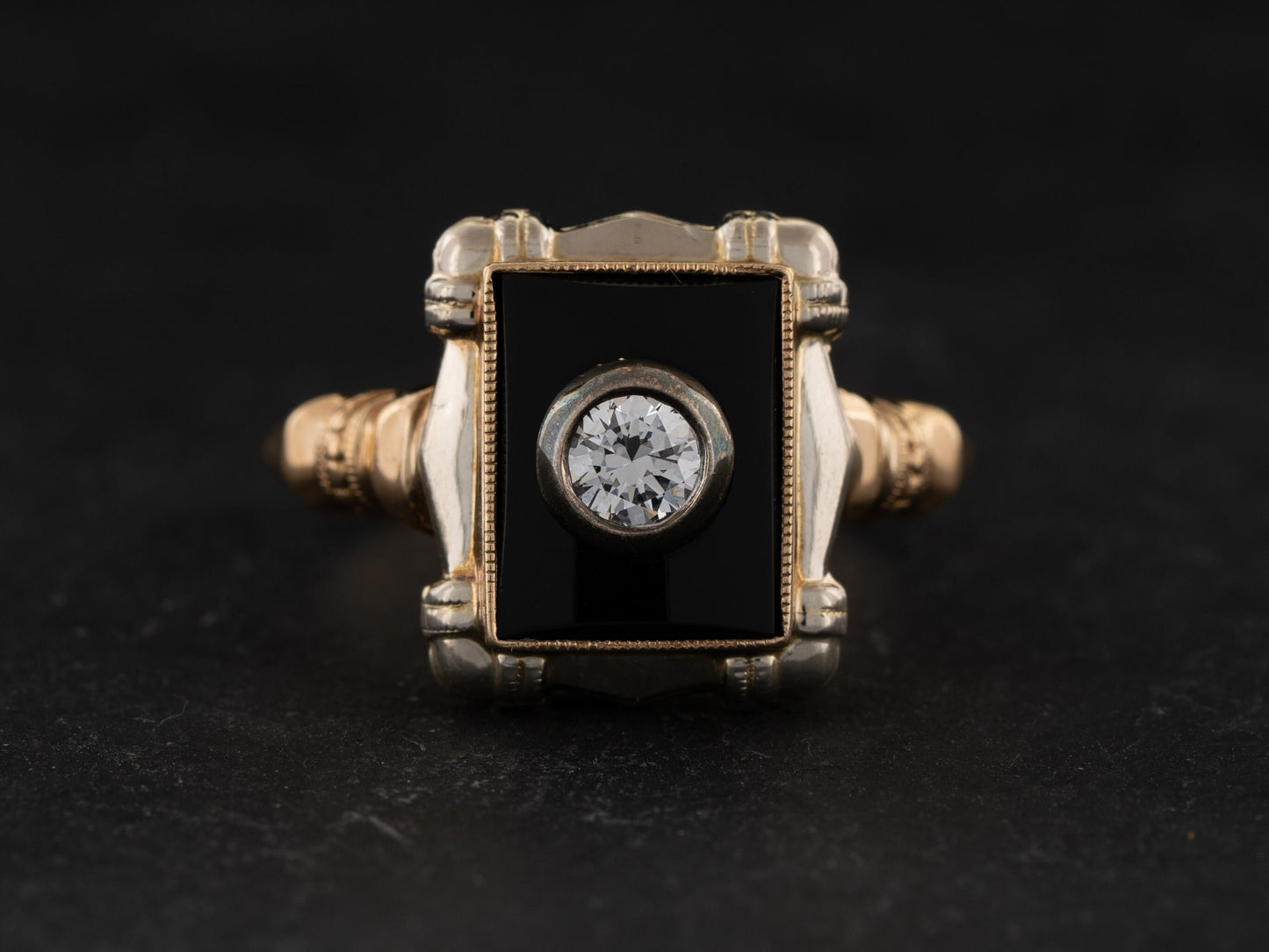 Vintage Art Nouveau Diamond Solitaire Ring Black Onyx 10k Yellow & White Gold - Redpoint Jewelry 