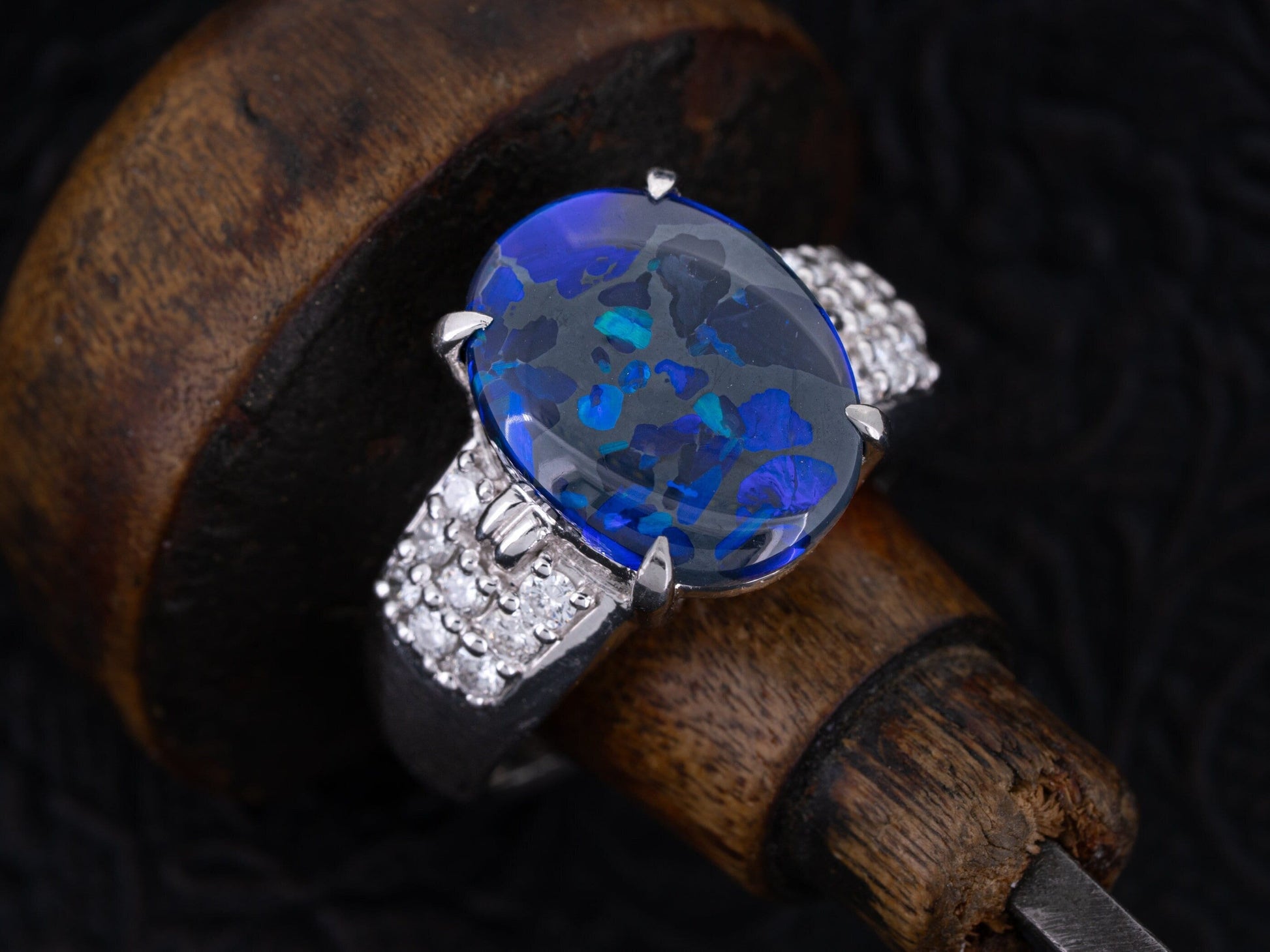 4.15 Carat GIA Certified Australian Black Opal and Diamond Ring in Platinum - Redpoint Jewelry 