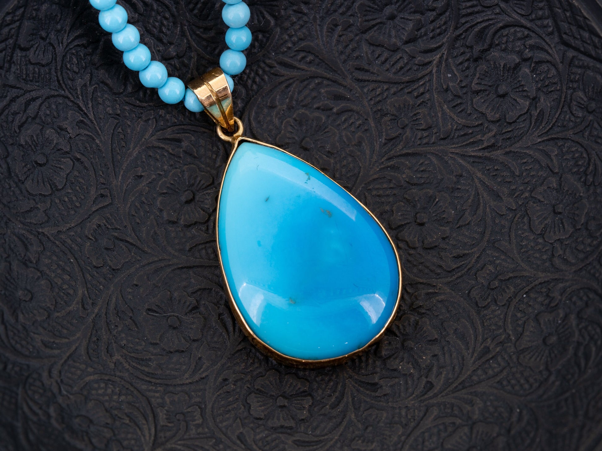 Vintage Sleeping Beauty Blue Turquoise Pendant 18k Gold Knotted Bead Necklace - Redpoint Jewelry 