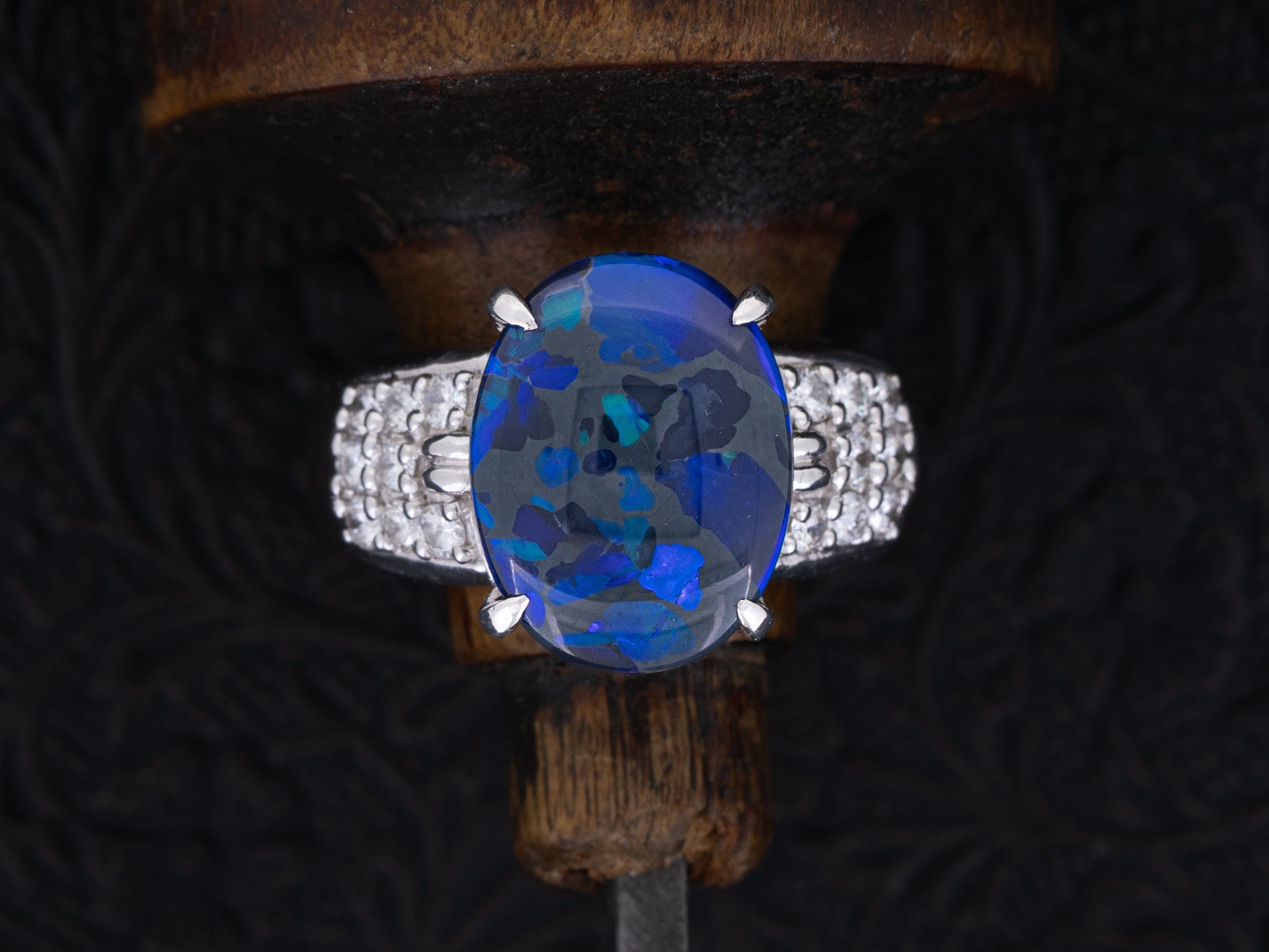 4.15 Carat GIA Certified Australian Black Opal and Diamond Ring in Platinum - Redpoint Jewelry 