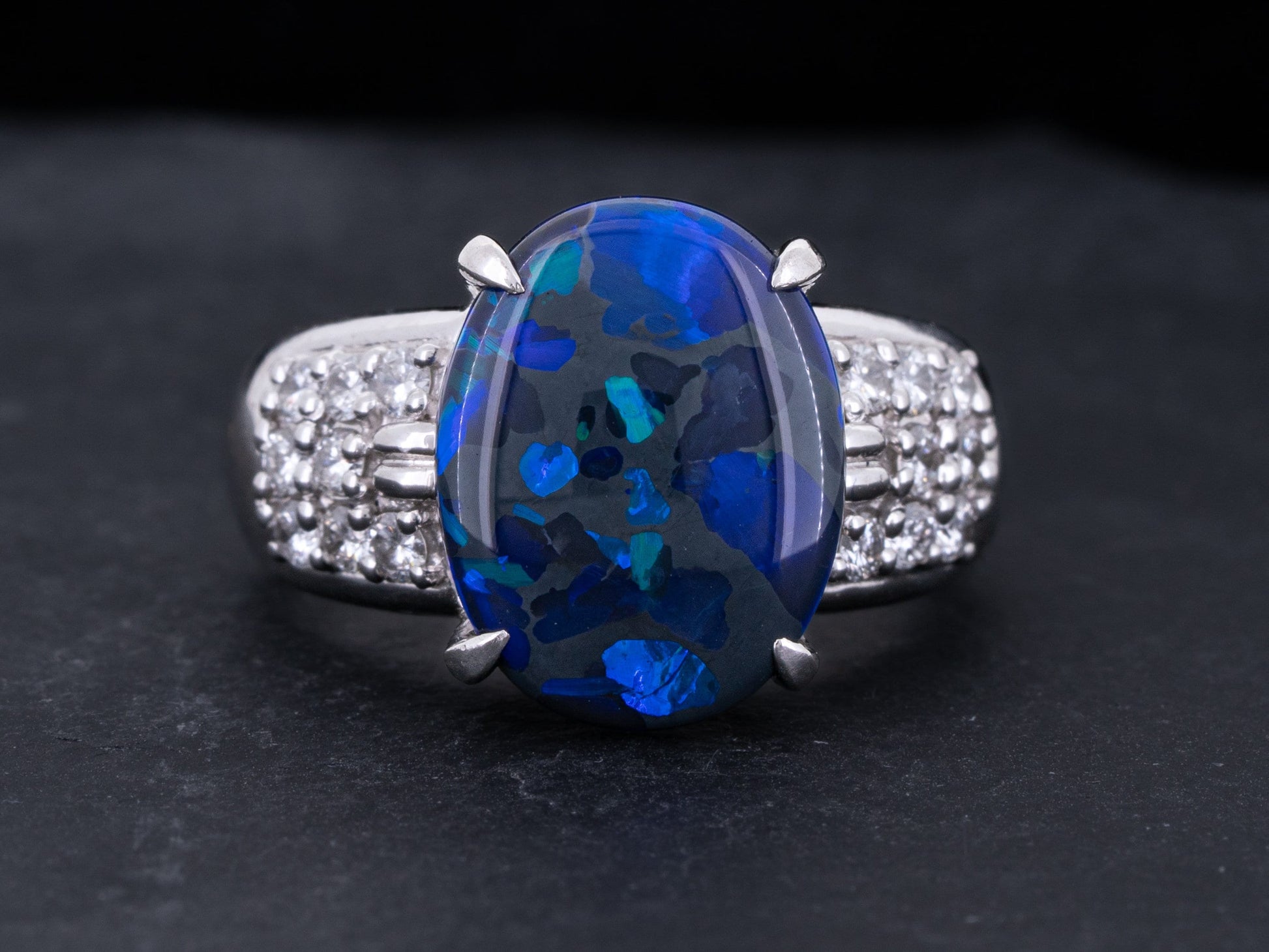 4.15 Carat GIA Certified Australian Black Opal and Diamond Ring in Platinum - Redpoint Jewelry 