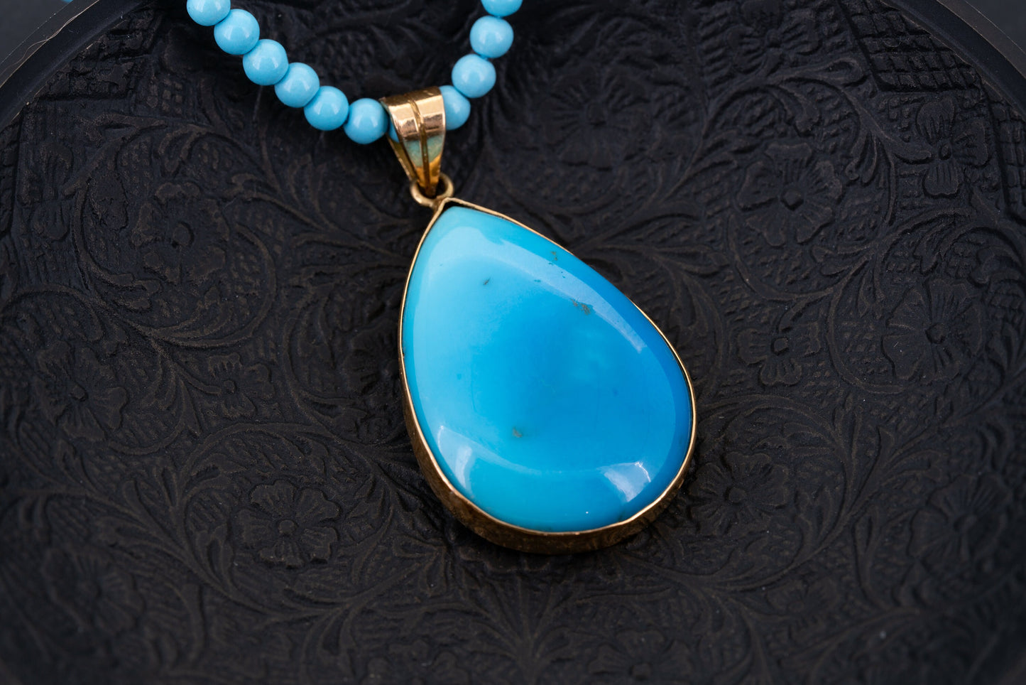 Vintage Sleeping Beauty Blue Turquoise Pendant 18k Gold Knotted Bead Necklace - Redpoint Jewelry 